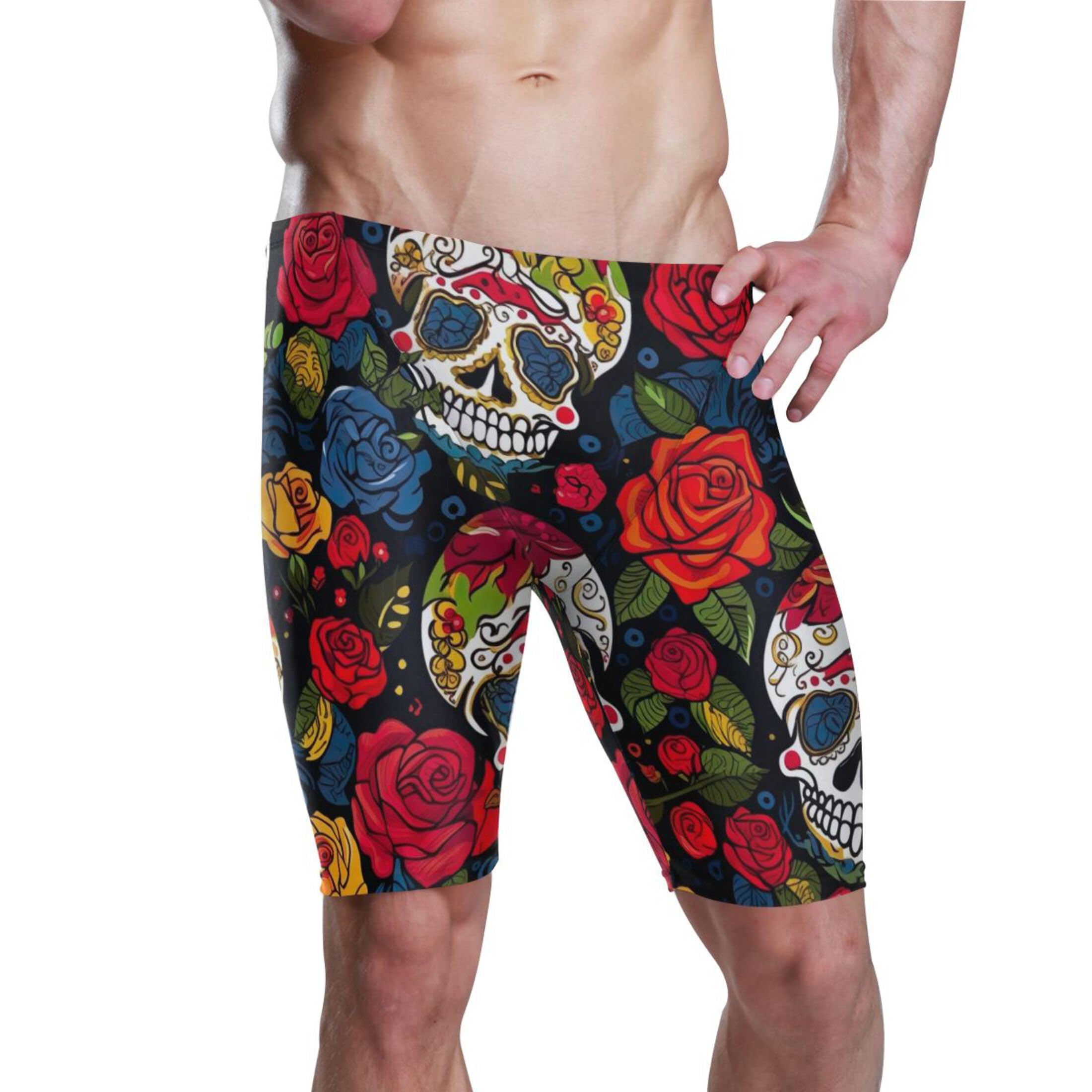Sugar Skull Flowers Men's Swim Jammers Racing & Training Swimsuit Fast, Flexible,Comfortable XXXL B0400595