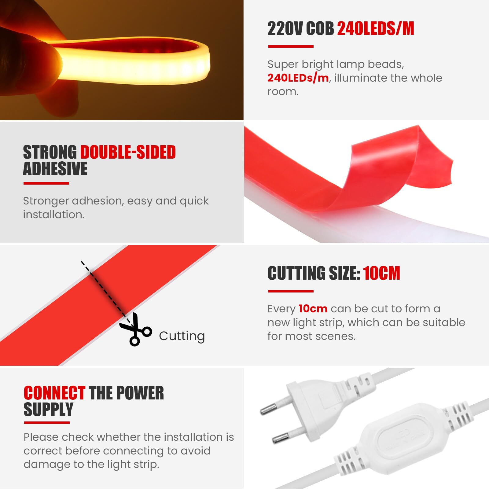 KISUFU Tiras LED de Neón 220v, Tira LED Luz COB IP65 Impermeable, Cada Corte de 10cm, Sin fuente de alimentación Luces LED Strip light Para Interior Exterior Armarios de Cocina Escalera Escaparate.