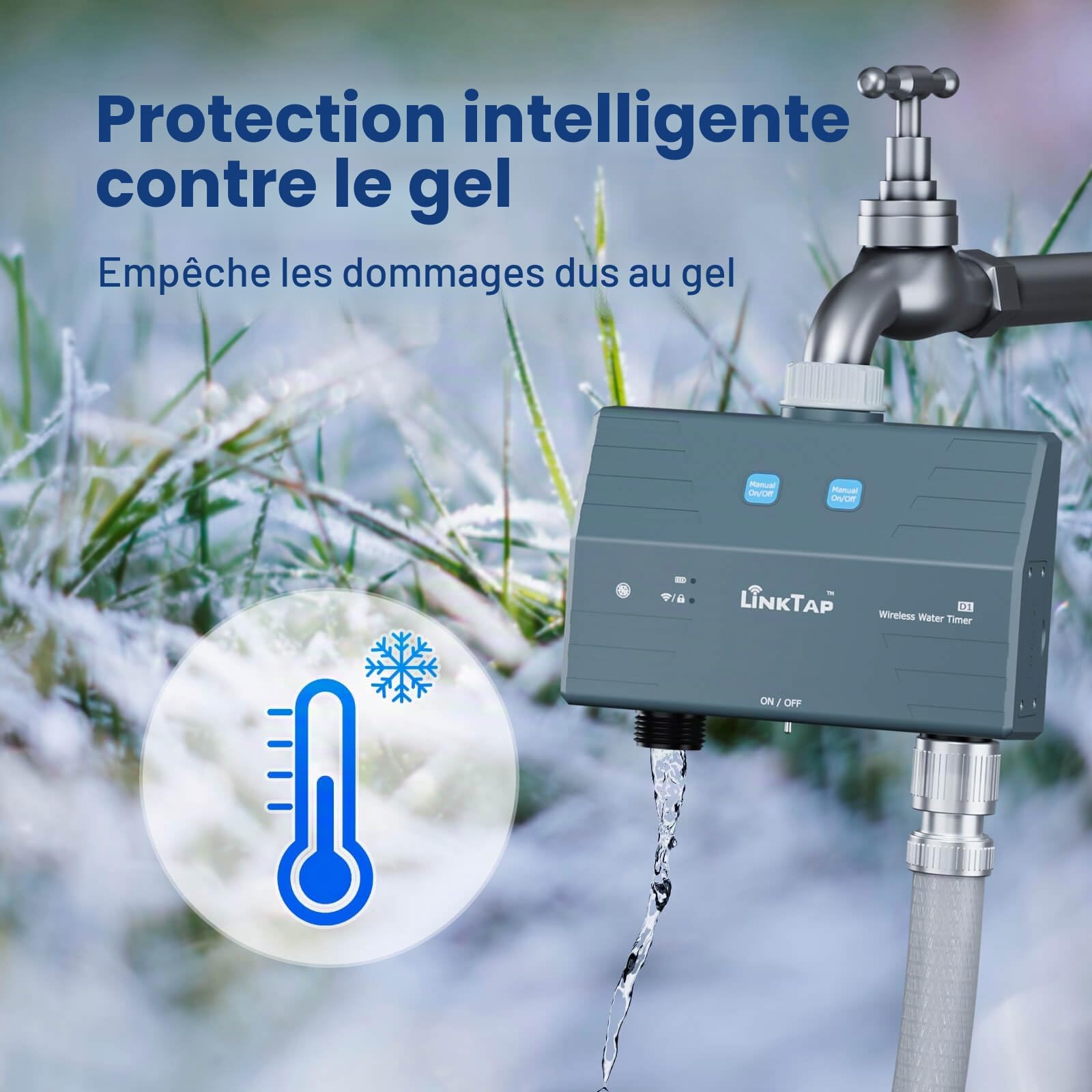 LinkTap D1 Programmateur d'arrosage Intelligent et Gateway, 2 Zones distinctes, Débitmètres intégrés, Adaptation météo, Détection et Notification d'Erreurs, Portée Plus Large Que WiFi, IP66