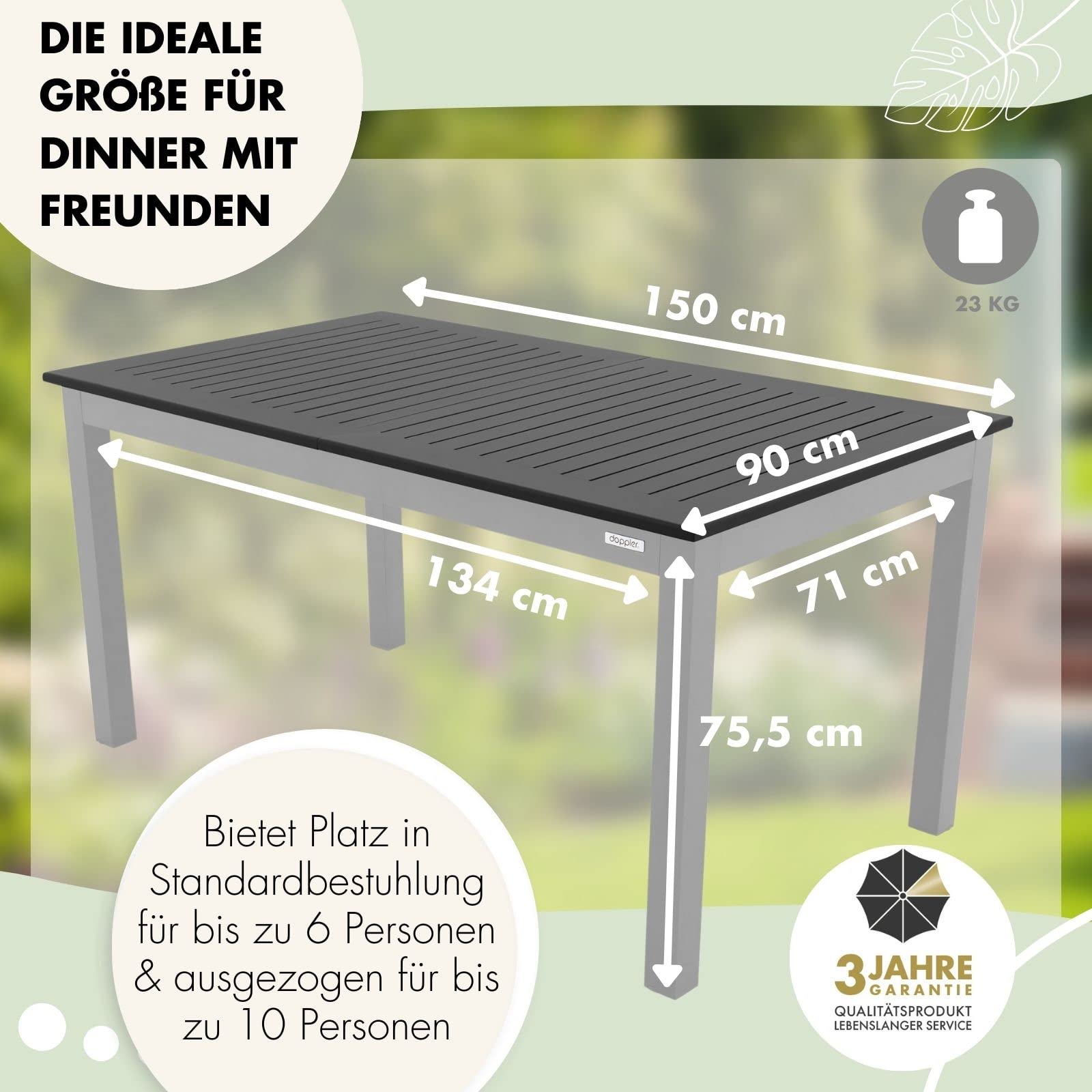 Doppler Ausziehtisch Expert Holzoptik Anthrazit 150/210x90 I Gartentisch ausziehbar I Gartenmöbel Aluminium I Terassenmöbel außen I Outdoortisch für Terrasse & Balkon I Wetterfest & robust