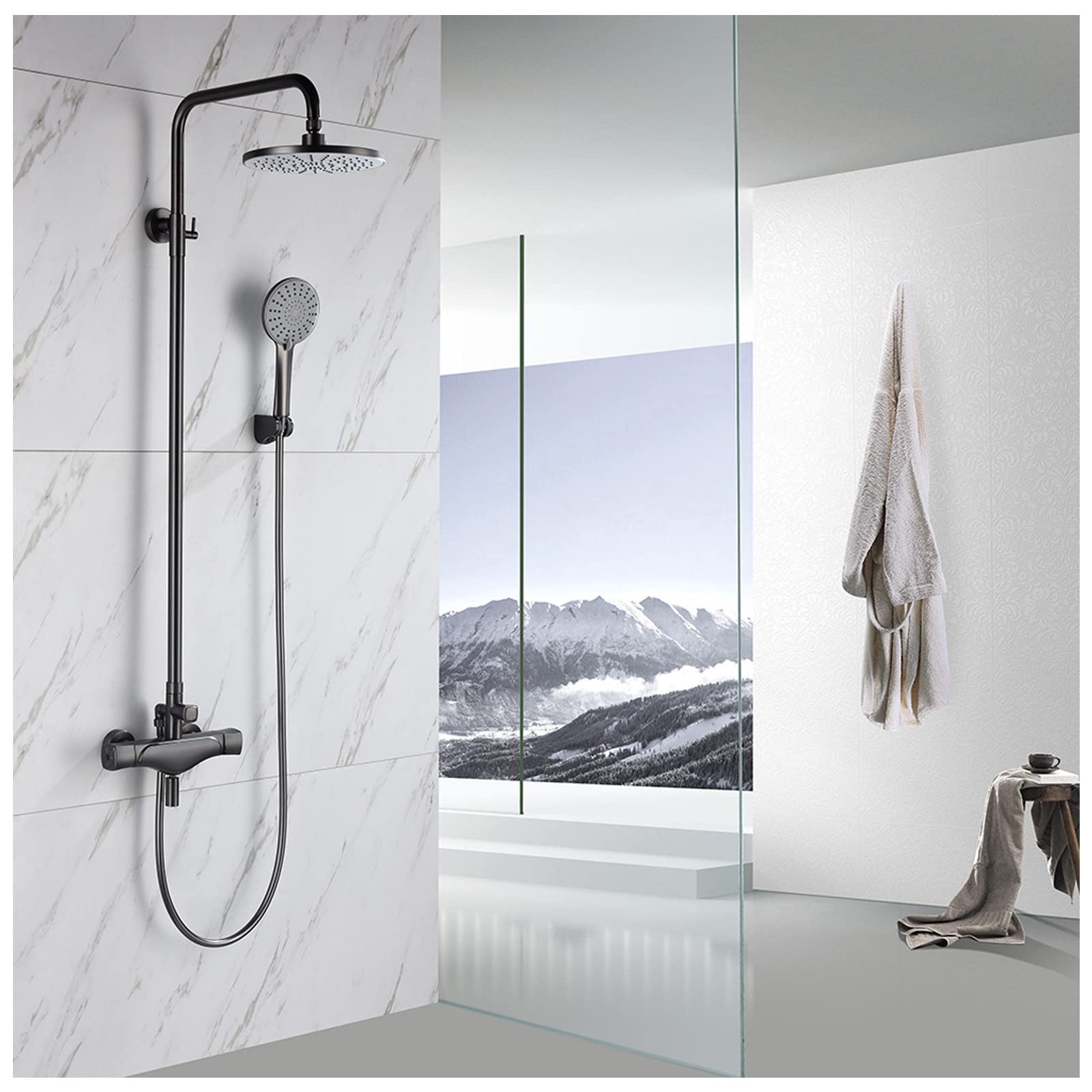 Mitigeur bain-douche mural à double sortie avec grand pommeau effet pluie et douchette