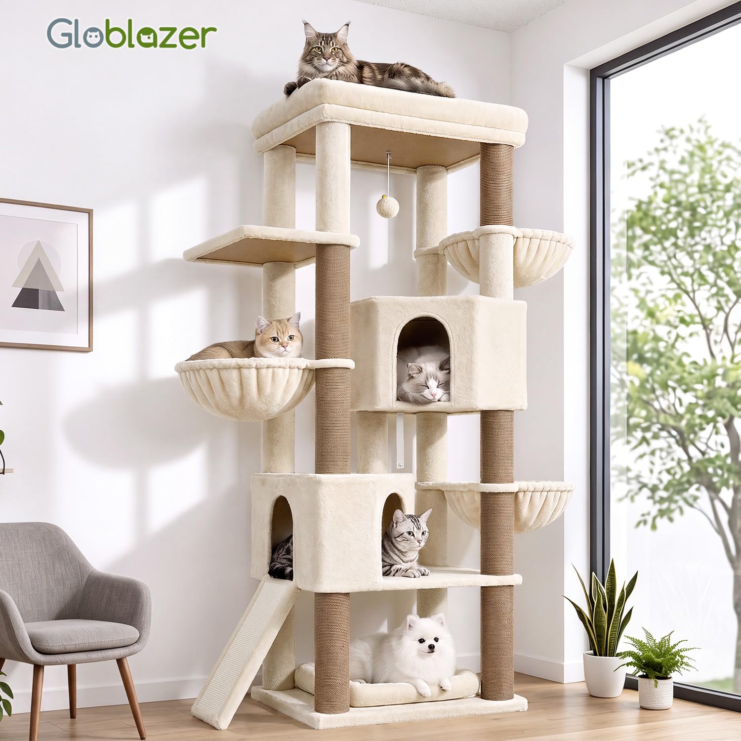 Globlazer Rascador beige XL de 177 cm de alto con 2 casas grandes para gatos, plataforma grande acolchada (60 x 44 cm), 3 cestas blandas, rampa para rascar sisal, estable para 2 – 4 gatos adultos