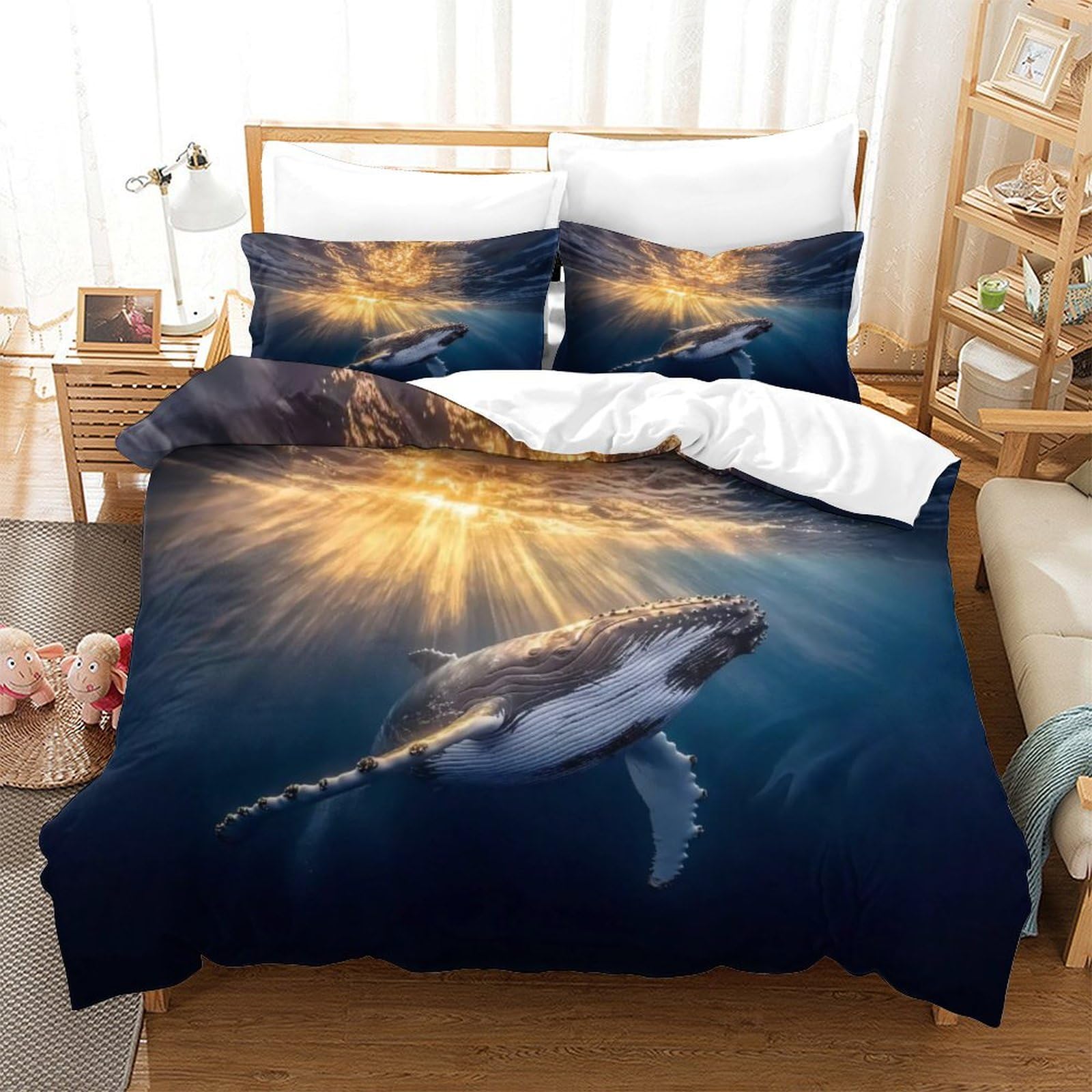 Xiaopangxy Boys Cetacean-3 Cetacean Bedding Set Finesse Duvet Cover, Sheet & Pillowcase Breathable Brushed Microfiber Whale Comforter Cover With Hidden Zipper, Luxury Quilt Cover Set King（220X240cm）