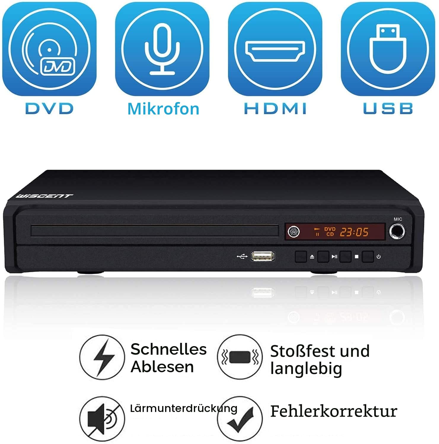 DVD-Player - Für TV mit HDMI, HD1080P DVD-CD-Player, USB-Eingang, PAL-NTSC-System, alle Regionen frei, HDMI-/AV-Kabel im Lieferumfang