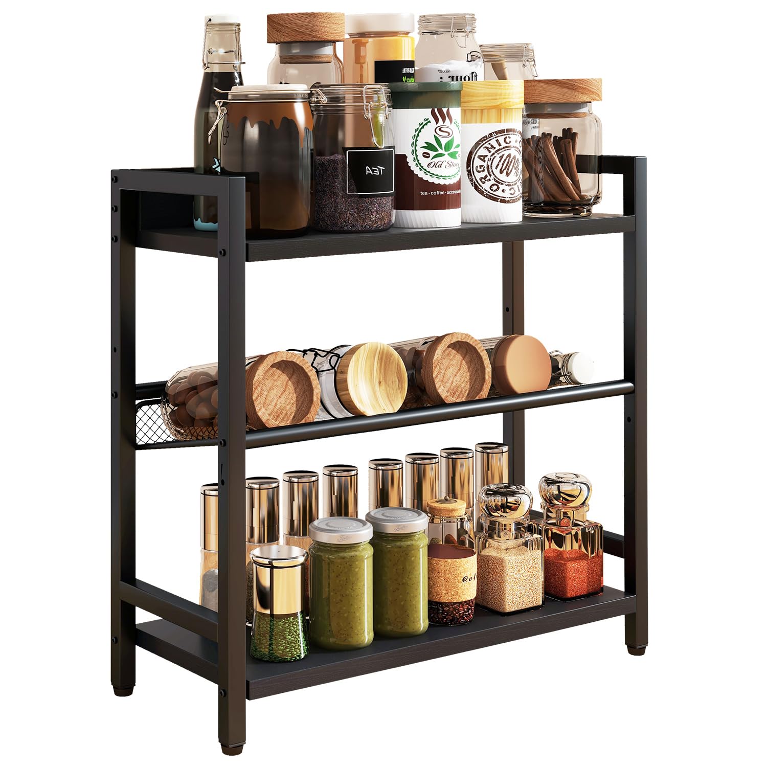Estante de especias industrial de 3 niveles, organizador de almacenamiento de escritorio, estante de condimentos de pie para encimera, cocina, oficina, sala de estar, escritorio, negro,