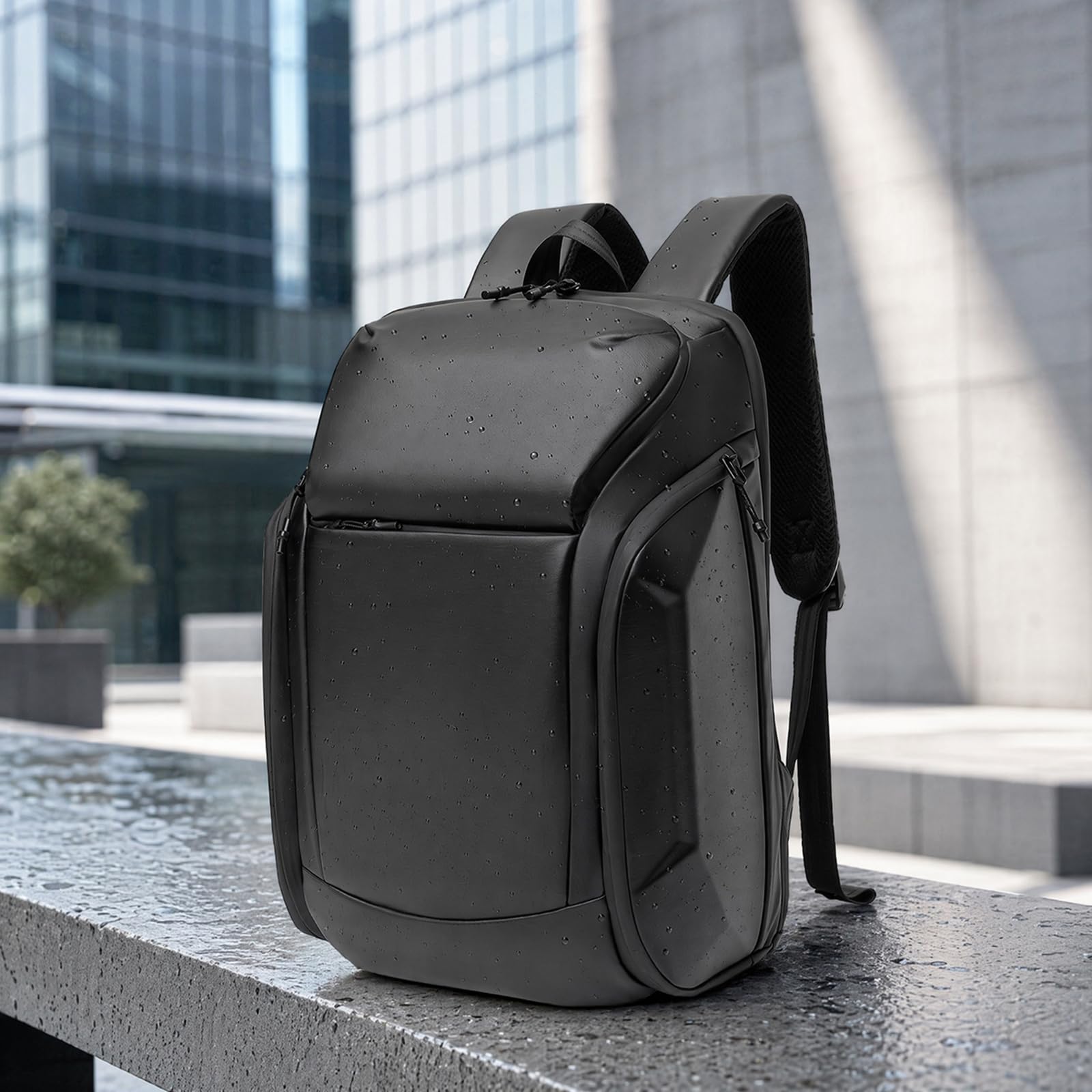 16 pulgadas impermeable Hardshell portátil mochila, mochila de viajes de negocios, bolsillo de oficina ergonómico con manija superior,Black