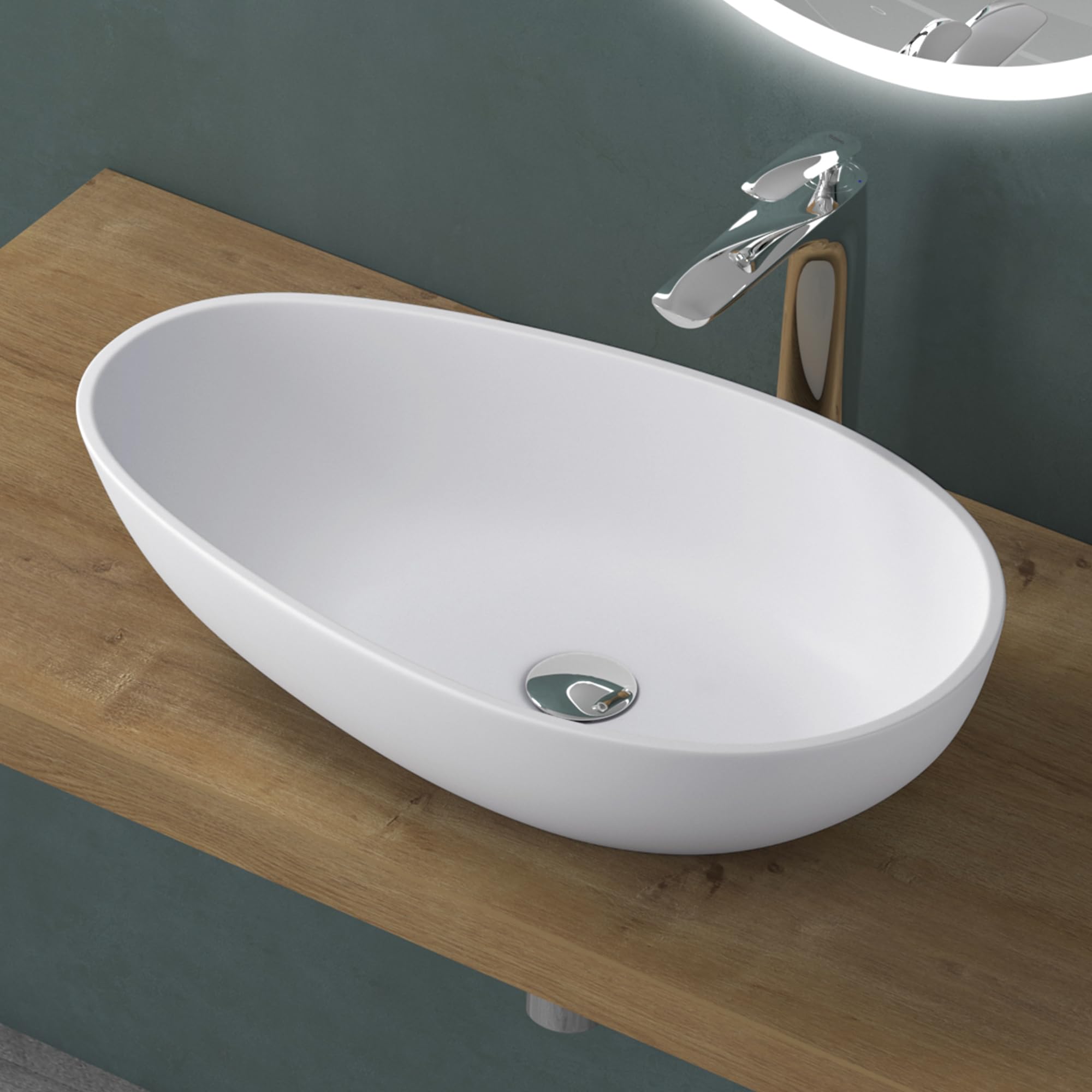 Mai & Mai Bathroom Oval Matt White Countertop Wash Basin | Cast Stone Resin Sink | Solid Surface Design | WDH: 60x36x14cm Col809