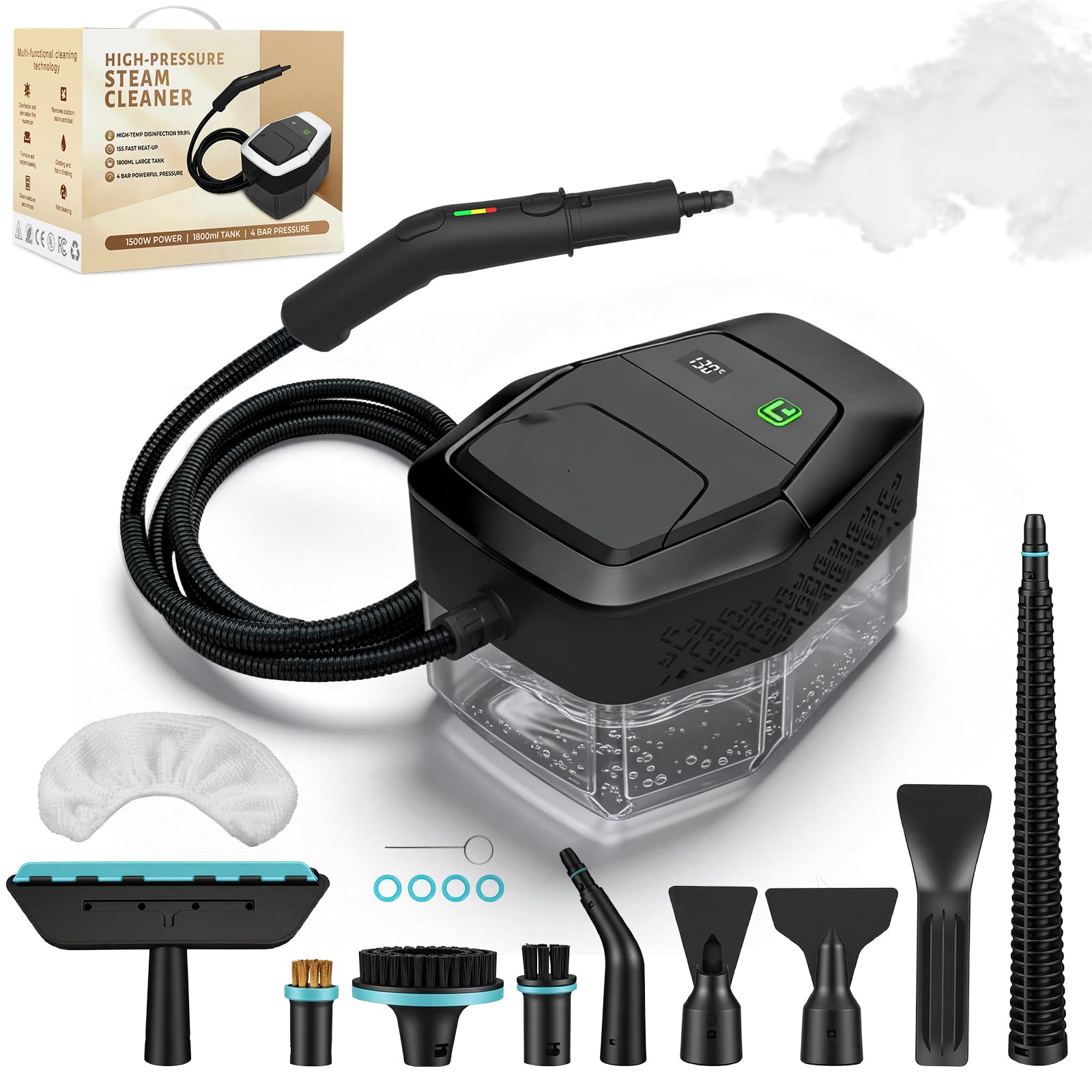Pulitore a vapore casa portatile, 1500 W, a bassa pressione, riscaldamento rapido in 15s, serbatoio dell'acqua da 1,8 l, con 12 accessori per la pulizia di auto, nero (Premere 3s per avviare)