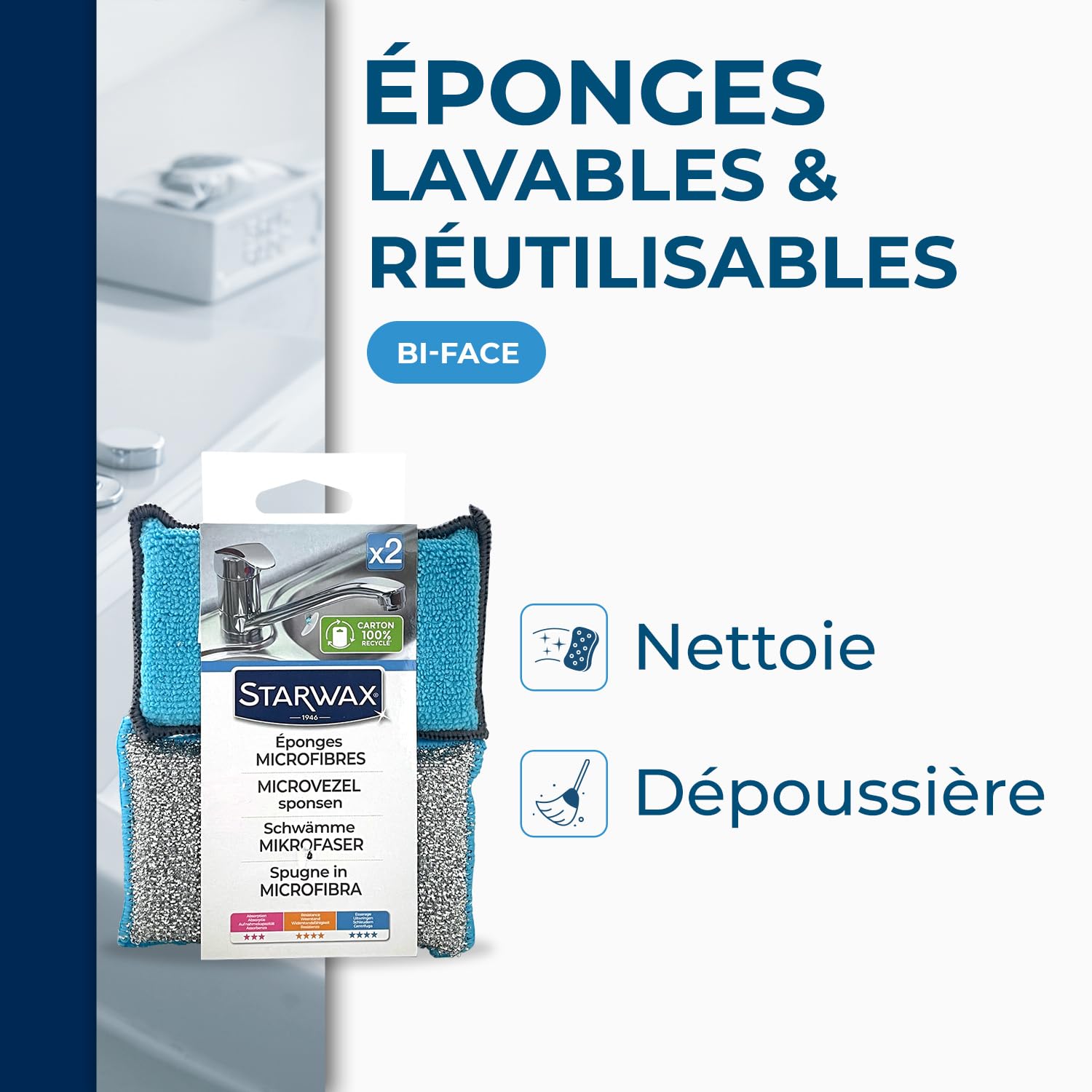 STARWAX éponges microfibres x2 absorbantes résistantes essuyantes nettoyer sans rayer polyester polyamide