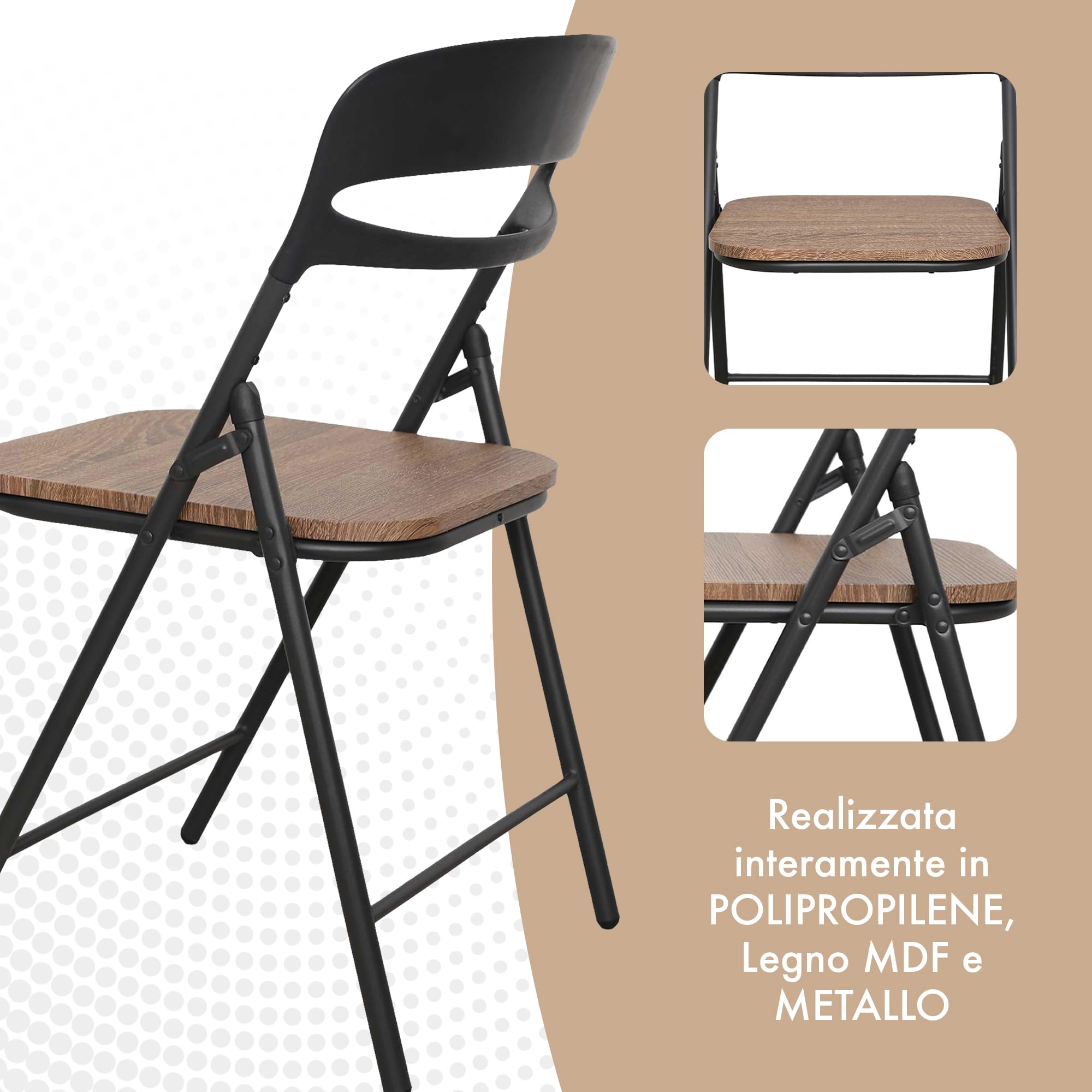 IlGruppone Set di 4 Sedie Pieghevoli Moderne Struttura in Metallo Verniciato a Polvere, Seduta in Legno e Schienale in Polipropilene Eleganti, Resistenti e Confortevoli,Portata 120 kg - Marrone