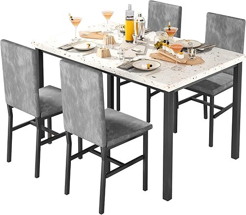 Miniatura 9 de Hooseng Juego de mesa de comedor para mesa de mármol de 4 pies, con 4 sillas de metal de piel sintética, para el hogar, comedor, cocina y comedor,