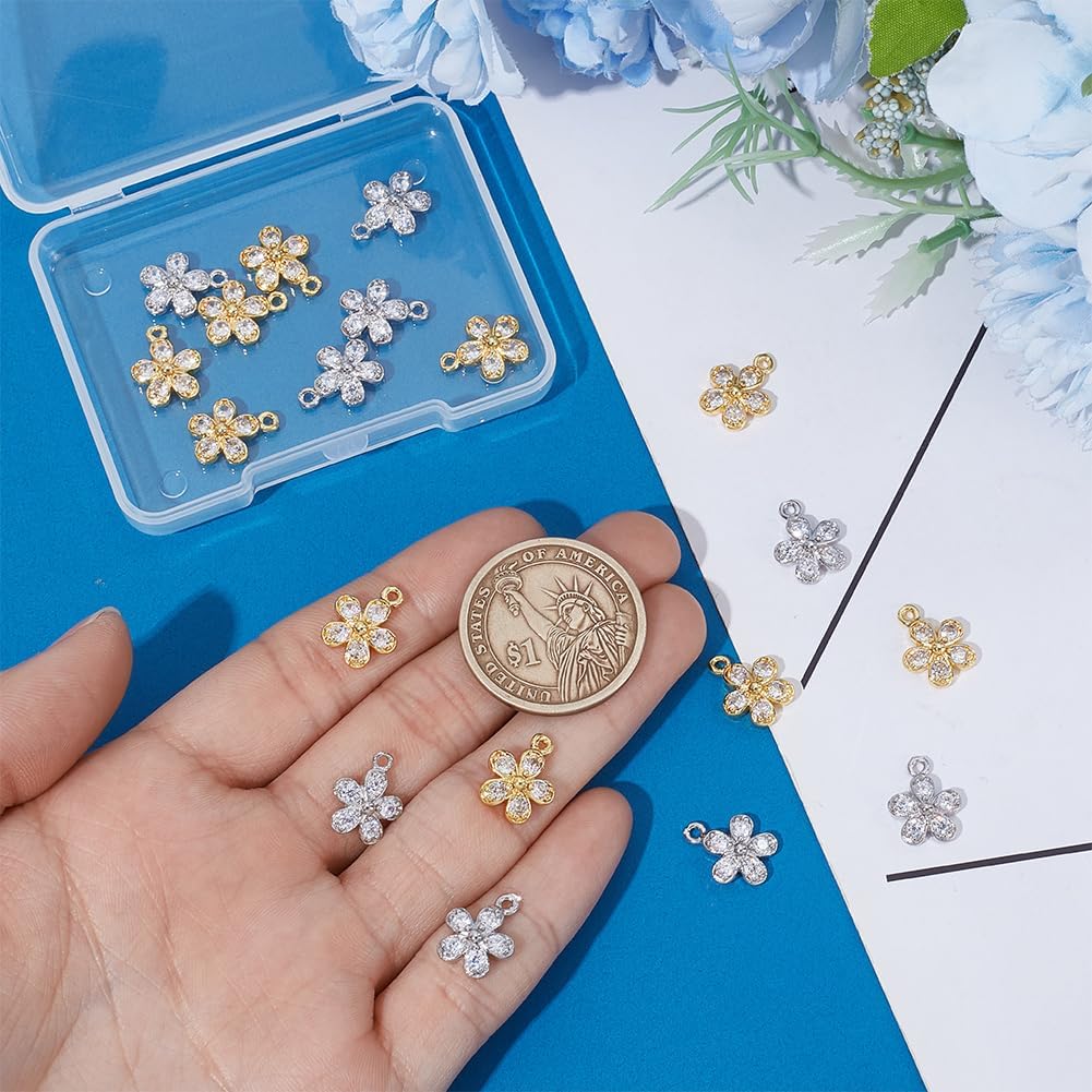 PH PandaHall 20Pcs 2 Colors Cubic Zirconia Flower Charms 10mm Brass Micro Pave 5-Petal Floral Charms Micro Pave Flower Charm for Necklace Bracelet Jewelry Making, Platinum/Golden - Image 3