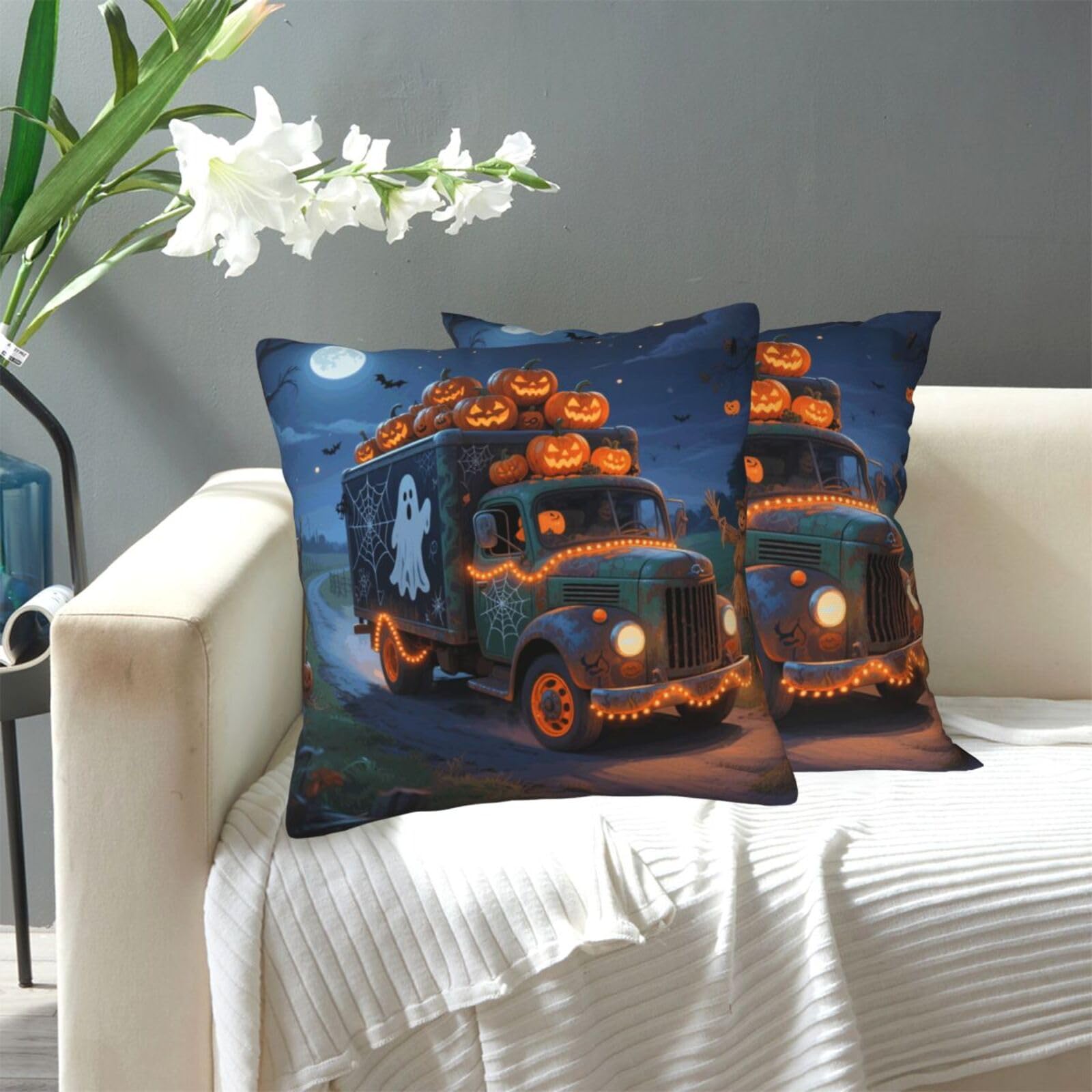 FekiLoot Decorative Throw Pillow Covers Modern Farmhouse Pillowcase Double Sided Cozy Cushion Cover for Sofa Couch Bed 16"X16" Halloween Truck