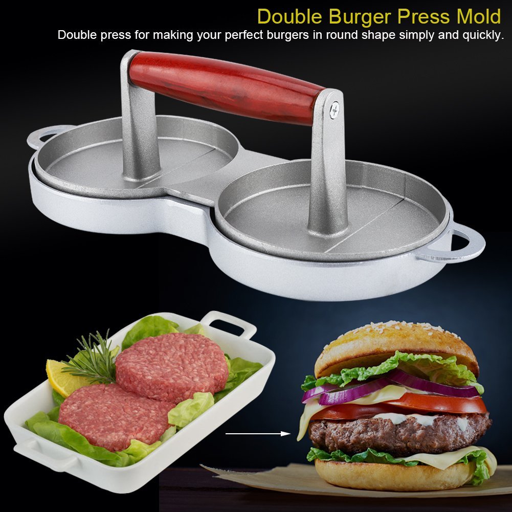 Duokon Prensa de hamburguesas, Molde de aleación de Aluminio con Revestimiento Antiadherente, Doble Rejilla, prensatelas de Hamburguesas, Carne de Vacuno y Mango de Madera para Cocina