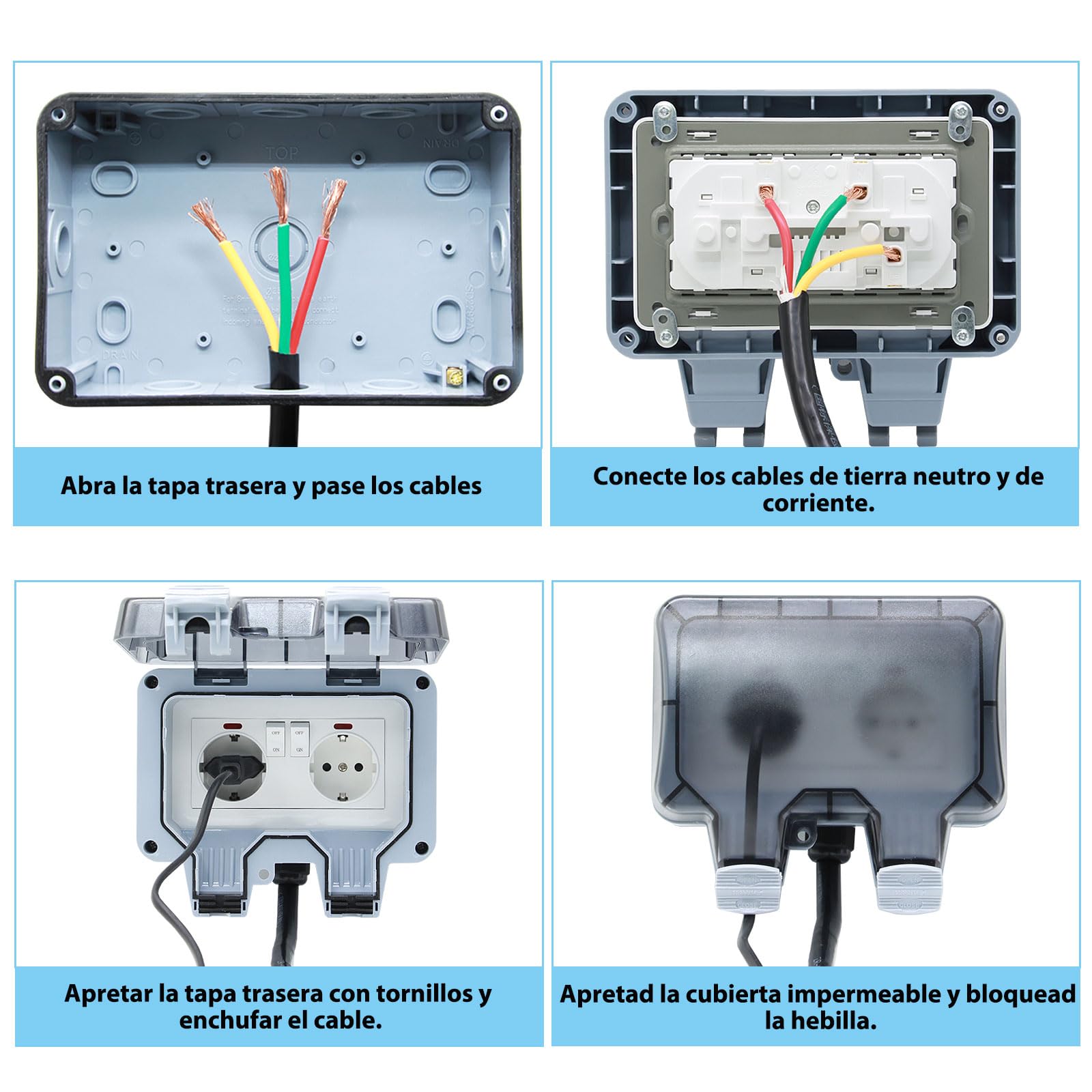 Enchufe de Exterior Impermeable Toma de Corriente IP66 con Interruptor doble conexión,Conector de Cable y Tapa Abatible,para Cocina Baño Garaje Piscina y Jardín (MPG2-GSN, 1 Piezas)
