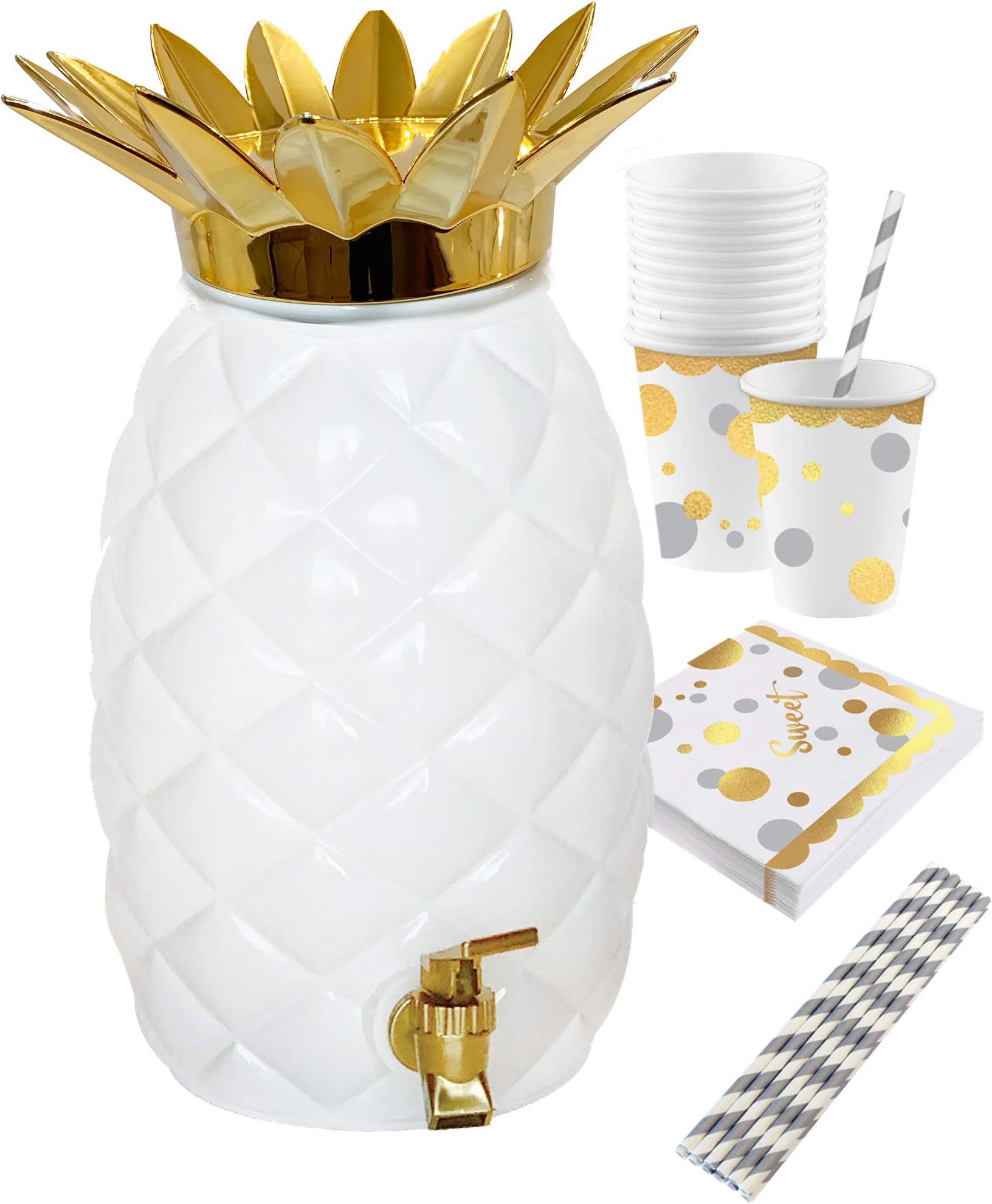 Island Genius Plastic Glam Pineapple Drink Dispenser Party Pack, Hawaiian Luau Party Decoration Supplies