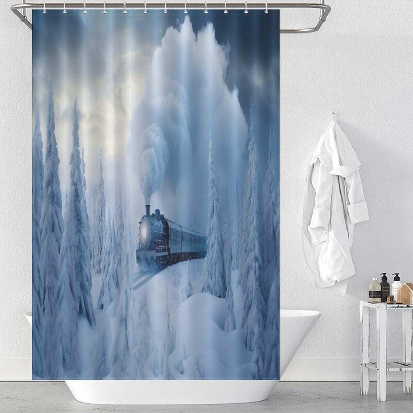 Rideau de douche train à vapeur en textile lavable pour une déco de salle de bain vintage