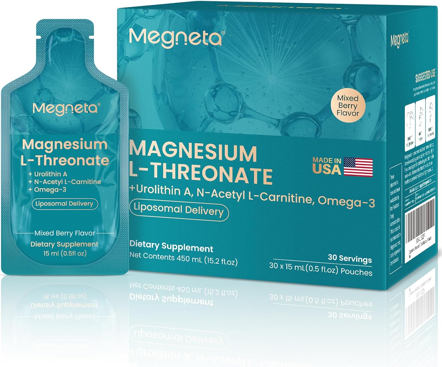Magnesium L-Threonate Liquid, 2000mg Magnesium L-Threonate, Liposomal for High Absorption, with Urolithin A, N-Acetyl L-Carnitine & Omega-3, Brain, Memory, Focus & Sleep Support, 30 Pouches