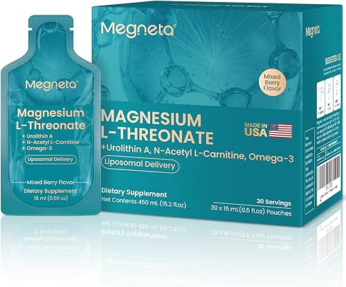 L-treonato líquido de magnesio, 2000 mg de L-treonato de magnesio, liposomal para alta absorción, con urolitina A, N-acetil L-carnitina y omega-3,