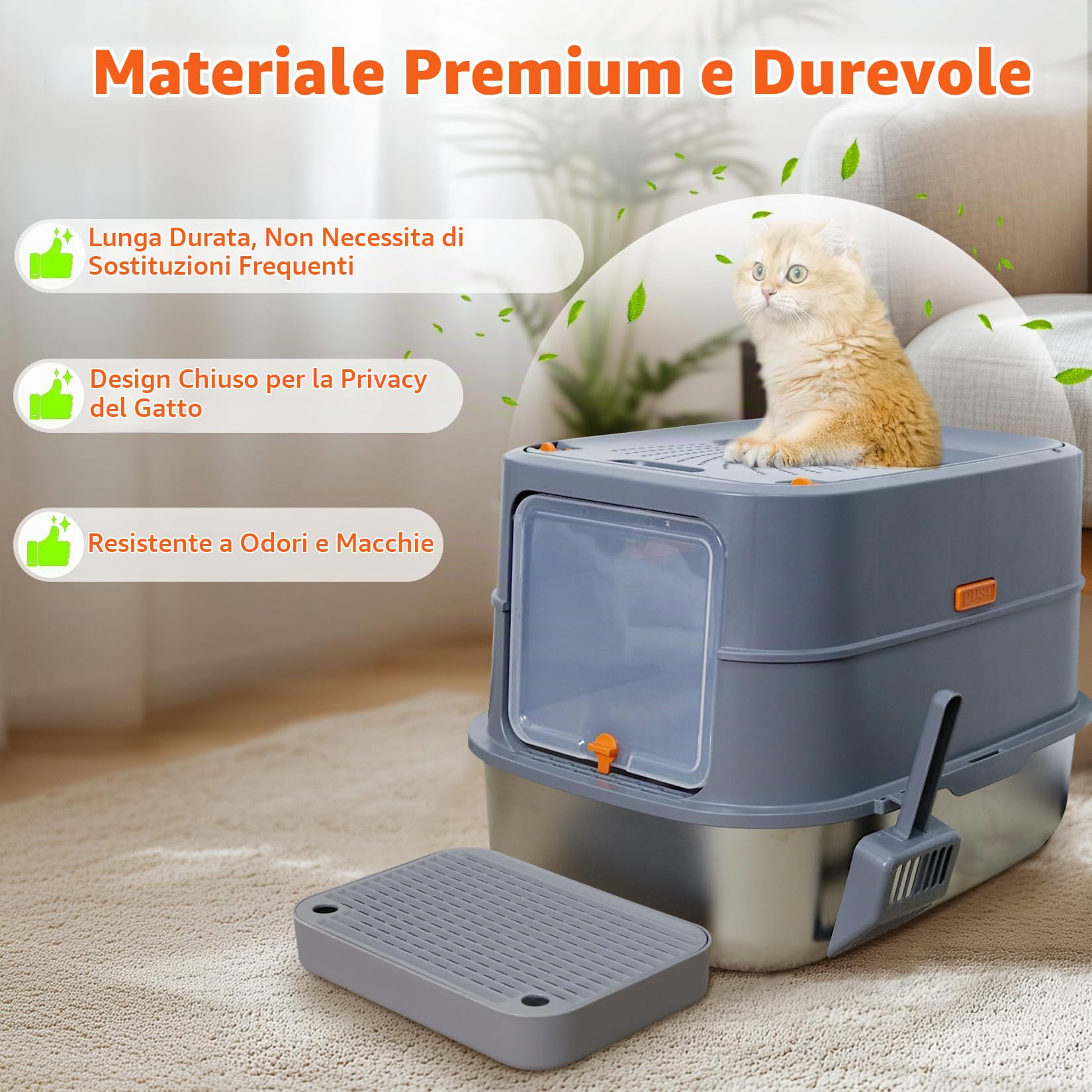 BingoPaw Acciaio Inox Lettiera per Gatti Chiusa Antiodore, Facile da Pulire | XXL Toilette per Gatti Aperto 3 in 1 per gatti di peso inferiore a 10 kg, con Paletta, Antiaderente
