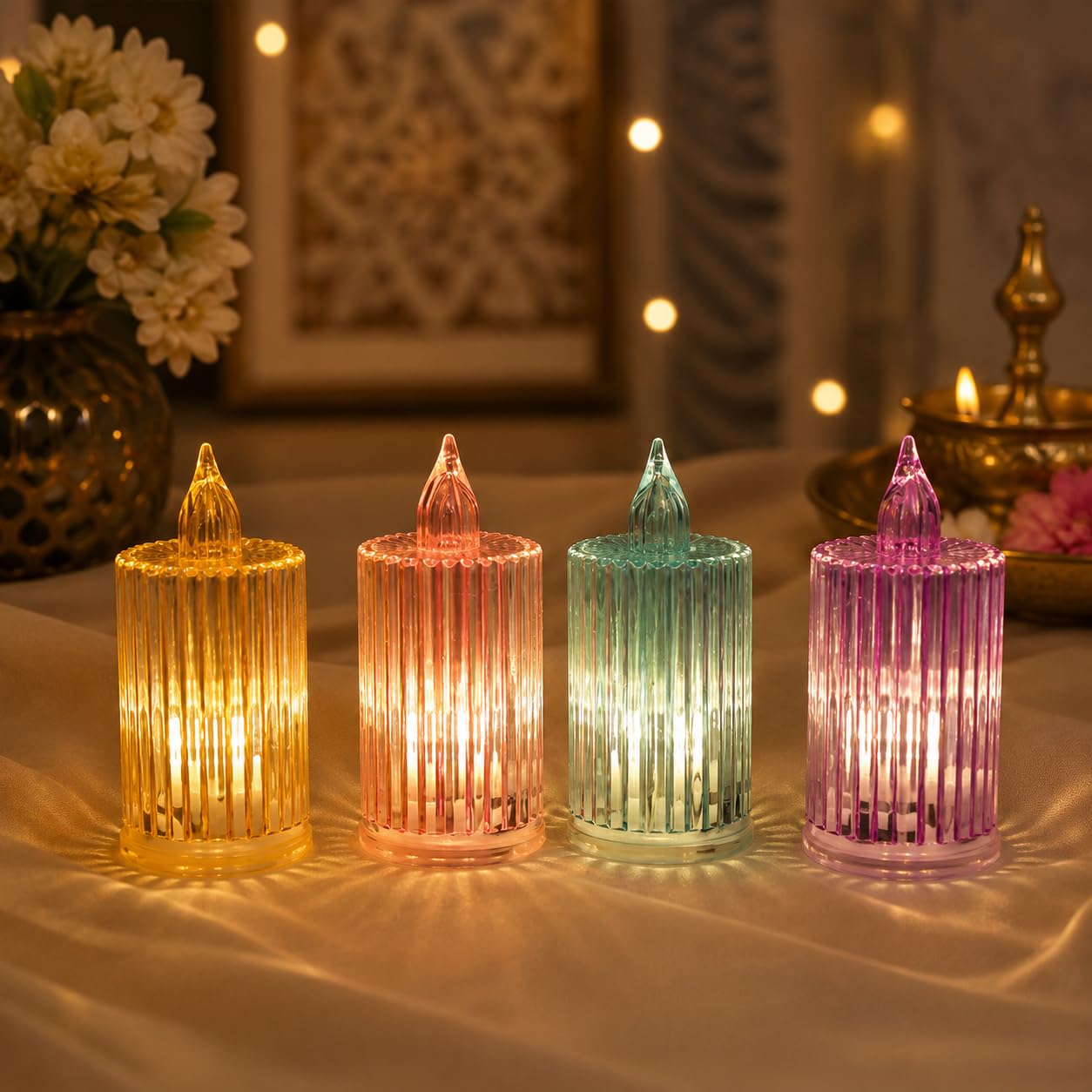 decorative led candle light | colourful led table light for home décor, pooja, diwali, festivals, bedroom & living room, set of 4