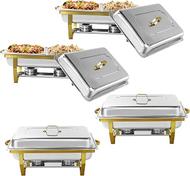 Gold Chafing Dish Buffet Set, Half Size 8 QT, 4 Pack | Stainless Steel, Rectangular, Foldable Complete Set, Includes Pan, Lid, Fuel Holder, For Catering & Party