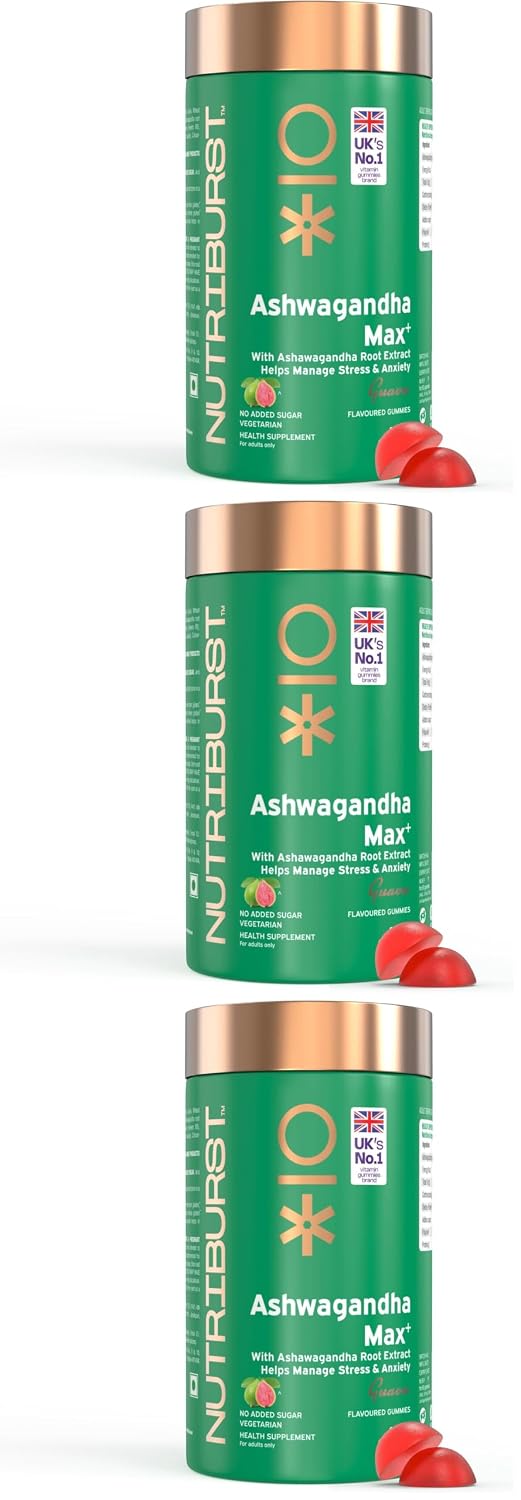 Click to enlarge Nutriburst Ashwagandha Max 500mg Gummies for Stress and Anxiety Relief | Vigour, Energy, Power & Stamina | Relax Refresh Mind & Body | Guava Flavor Gummies, No added sugar| 60 Gummy (Pack of 3)