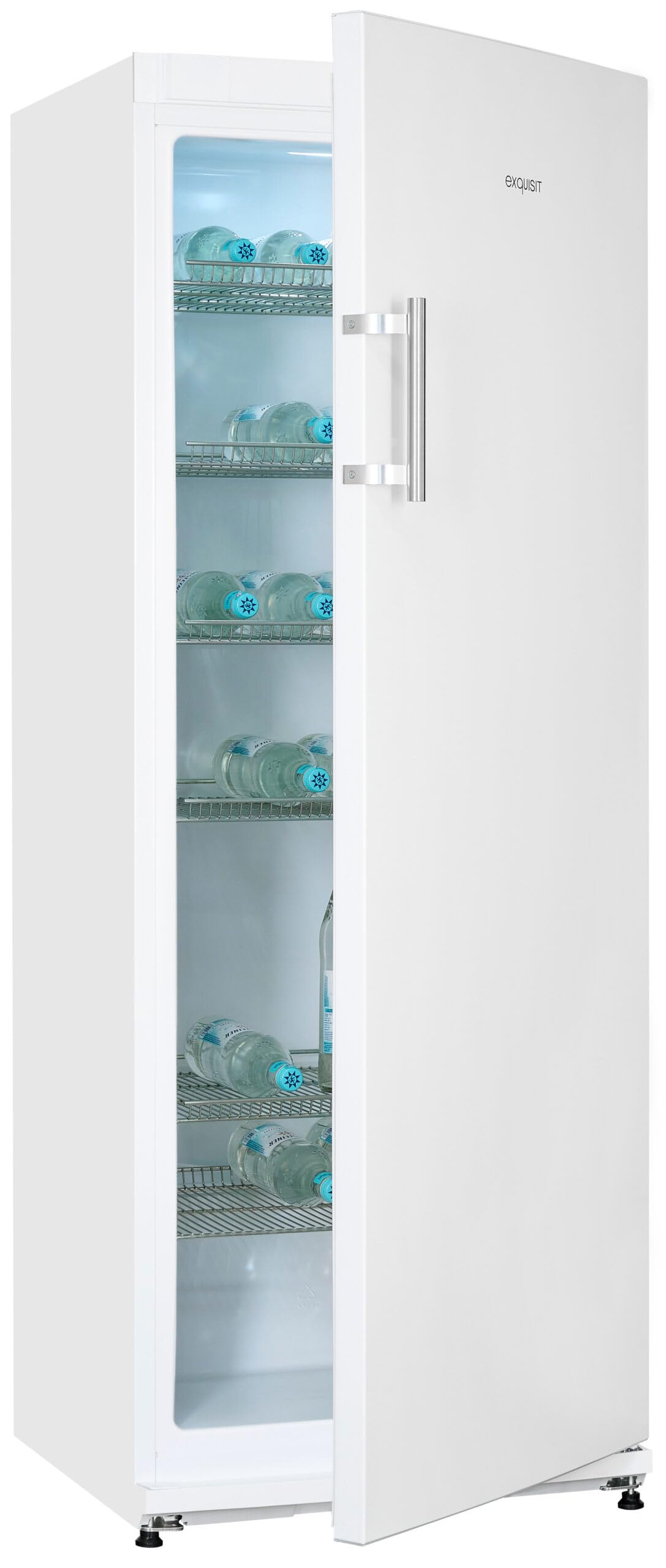 Exquisit® Frigorífico para Bebidas 296L, Color Blanco, Clase E, Puerta Reversible, 6 Estantes de Rejilla, Tirador Externo de Acero, Iluminación LED, Medidas (163,0 x 60,0 x 62,0 cm)
