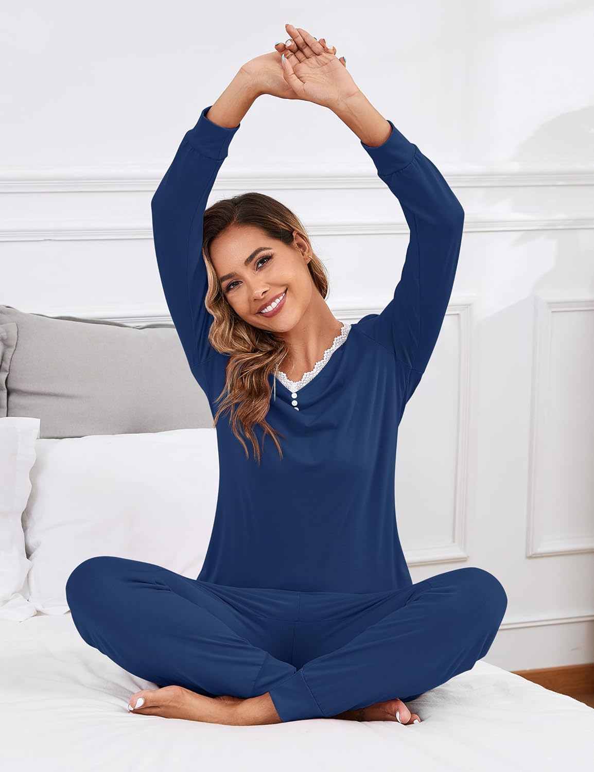 Soft Womens Pajama Sets Lace Lounge Sets V-neck 2 Piece Long Sleeve Top with Jogger Pants Loungewear Set with Pockets - Image 6