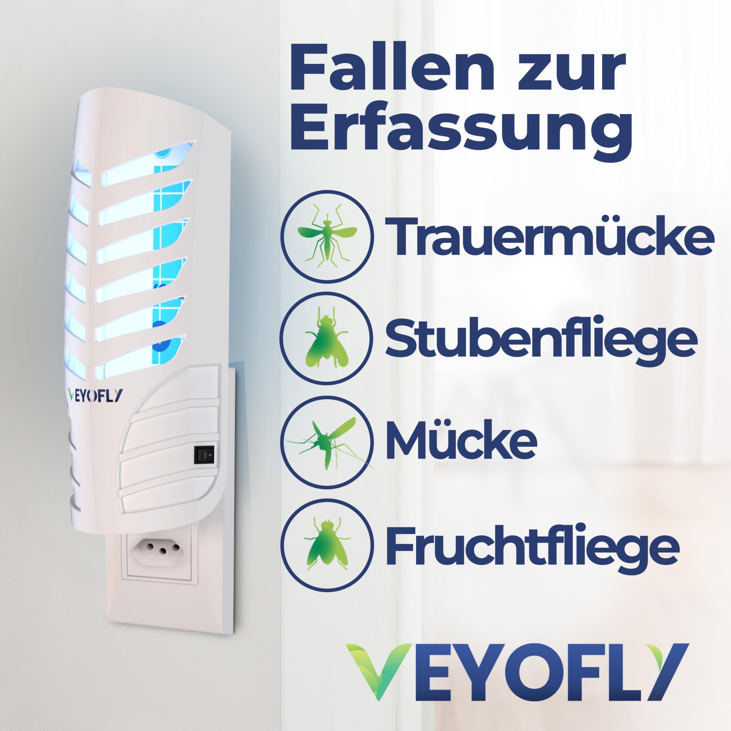 VEYOFLY Fliegenfalle UV, Fruchtfliegenfalle, 2 Geräte + 4 Nachfüllungen | UV-Licht lockt Insekten auf Wechsel-Klebekarten, leise 24/7, Stecker, Innenbereich, ohne Insektenvernichter Elektrisch