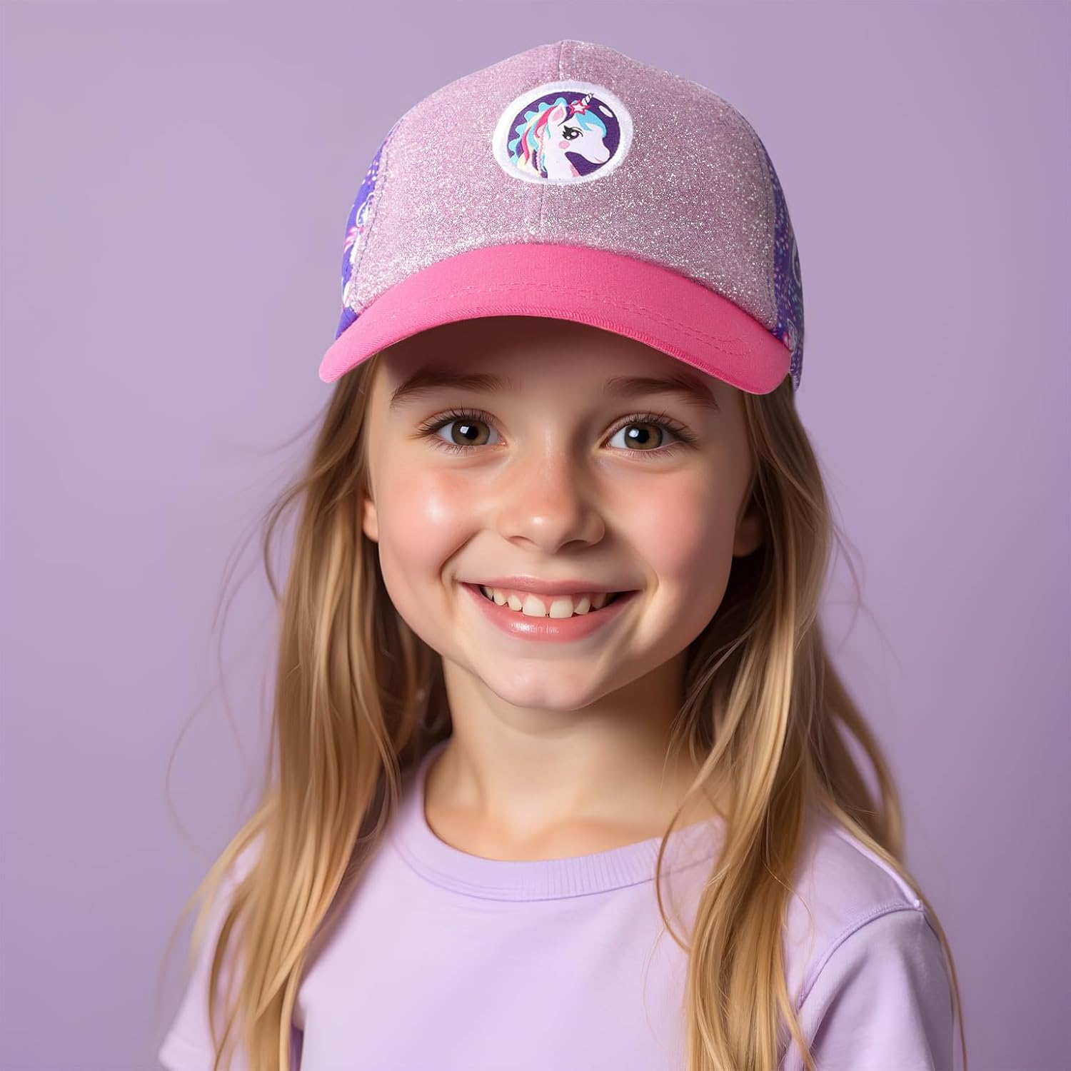 Milk&Moo Ayris Girls' Cap for Ages 7-10 – Unicorn-Themed, Glittery Pink and Purple, Adjustable, Breathable, Sun-Protective Design