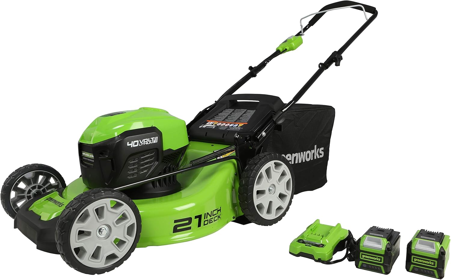 Greenworks 40V 21″ Cordless Brushless Push Mower, 4.0Ah + 2.0Ah USB Batteries and Charger Included