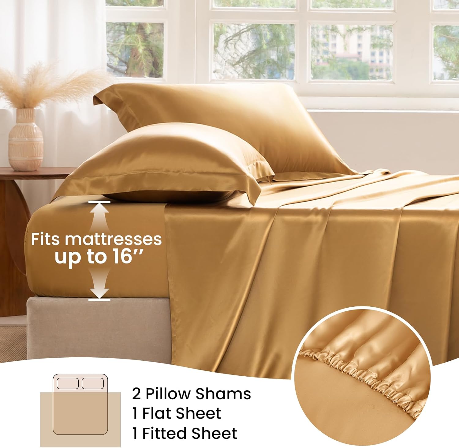 THXSILK Silk Sheet Set 4 Pcs, Queen Size Sheet Set, 22 Momme 7A+ Silk Sheets, Soft and Breathable Bed Sheets with 1 Flat Sheet, 1 Fitted Sheet, 2 Pillow Shams, Metallic Gold