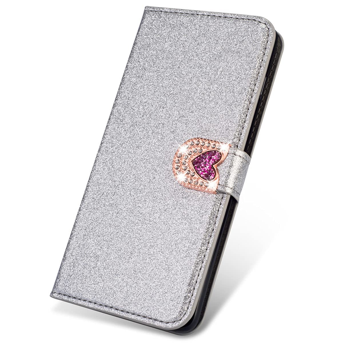 XYX Wallet Case for iPhone XR, Bling Glitter Red Love Diamond Buckle Flip Card Slot Luxury Girl Women Phone Cover, Silver