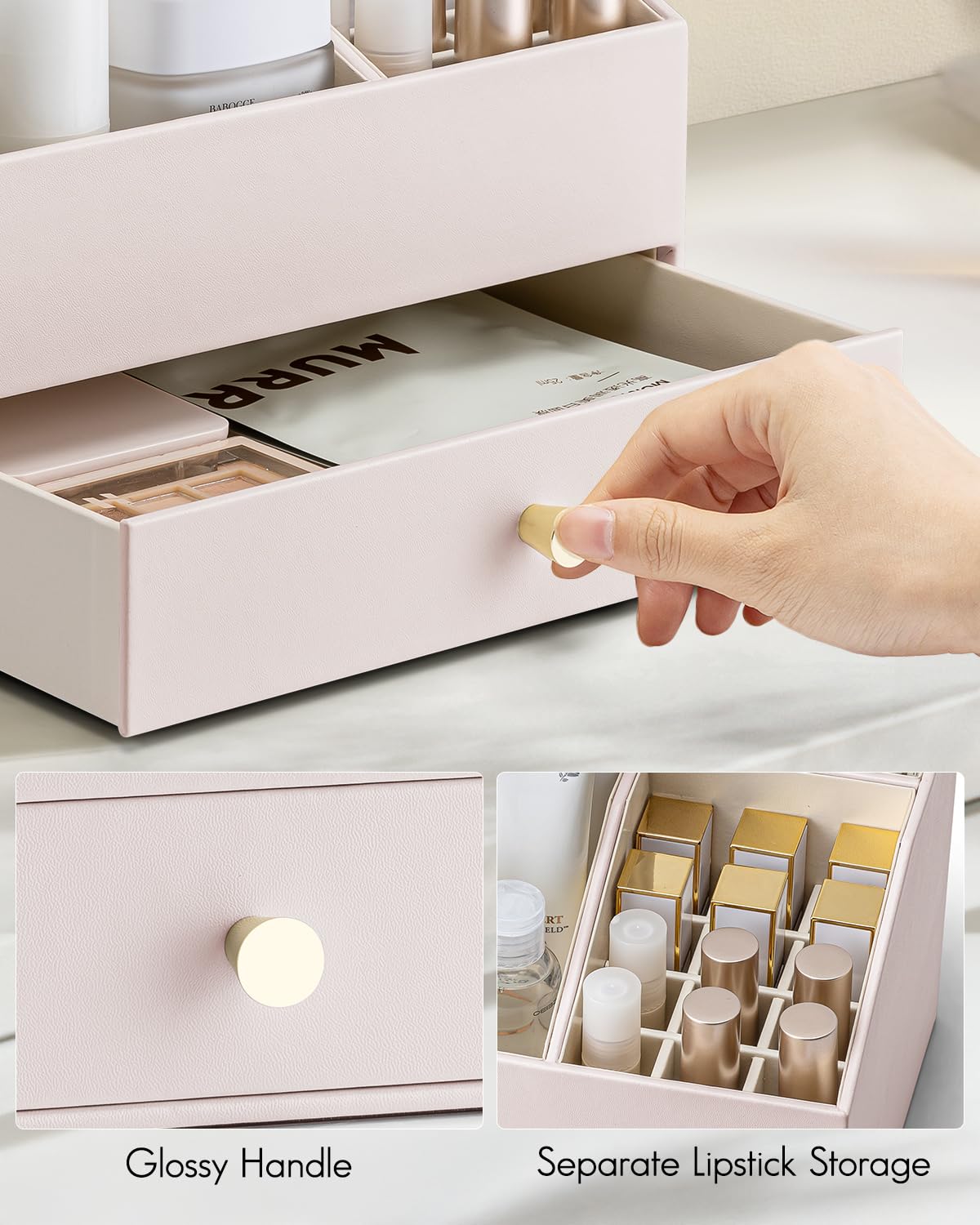 Vlando Organizer per trucchi con cassetti, organizer per cosmetici in pelle PU, organizer per profumi, grande espositore per rossetti, pennelli, regalo per donne, albicocca bianca