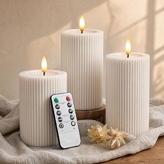 Fluted Ribbed LED Pillar Candles, Cream Beige, with Realistic Reflective Melted-Wax Effect – Flickering Flame, Remote, Dimmable, Flameless, Battery Operated, Home & Wedding Decor (Set of 3)