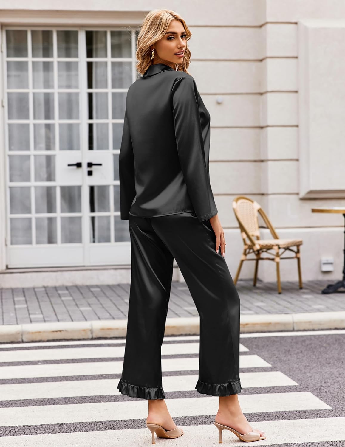 Ekouaer Silk Satin Pajamas Set Womens Long Sleepwear Button Down 2 Piece Classic Soft Loungewear Pjs Set - Image 5