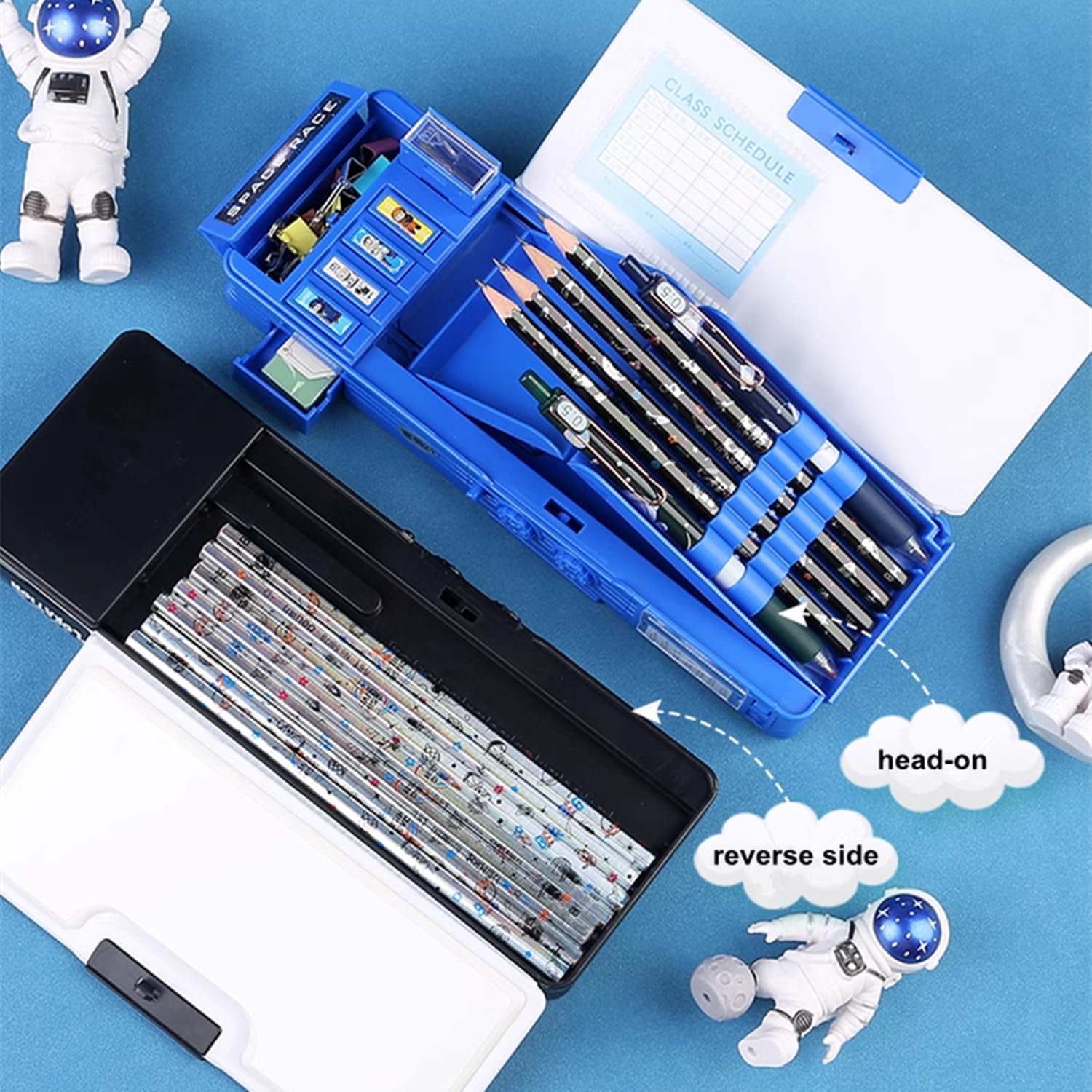 Pop up Multifunction Pencil Case for Kids Astronaut Spacesuit Pen Box Bag Pencil Holder for School Students Starry Sky Cute Pencil box for Boys with Sharpener Password Lock Schedule Whiteboard (Blue） image 5