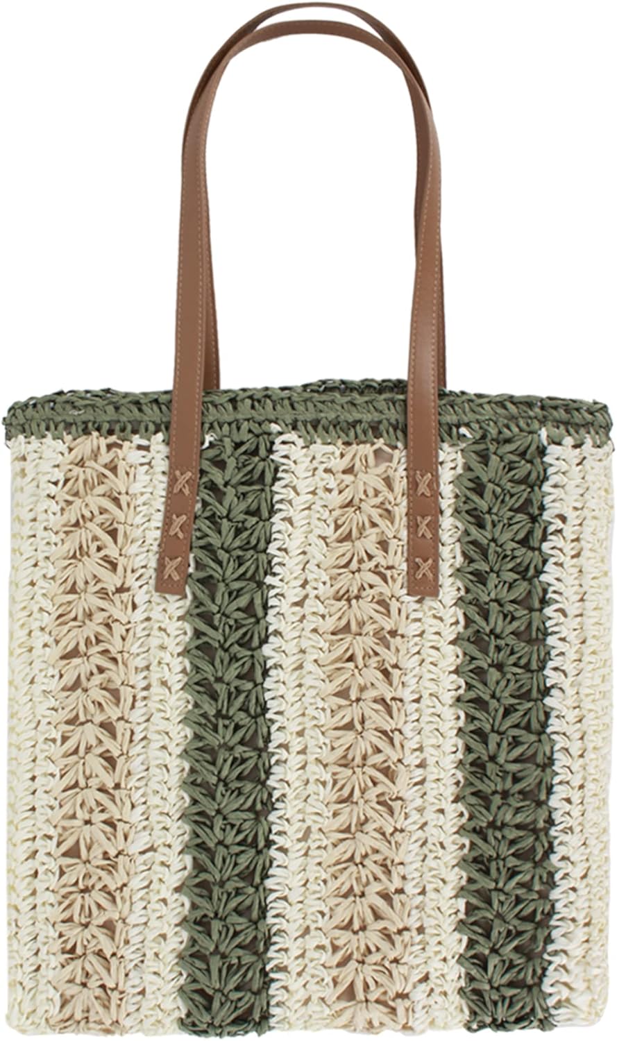 Women Large Vertical Stripes Straw Woven Shoulder Bag Bohemian Beach Travel Top-handle Bag Tote