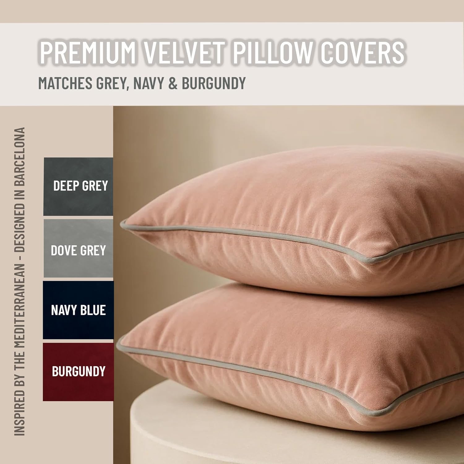 2 Pack Velvet Decorative Throw Pillow Covers, 12"x20", Pink and Grey, Solid, Modern, Contrast Piping, Indoor Use, Bedroom & Living Room