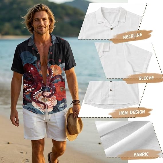 Linen Shirts for Men Button Down Short Sleeve Shirt Mens 2026 Summer Blouse Trendy Linen Tops