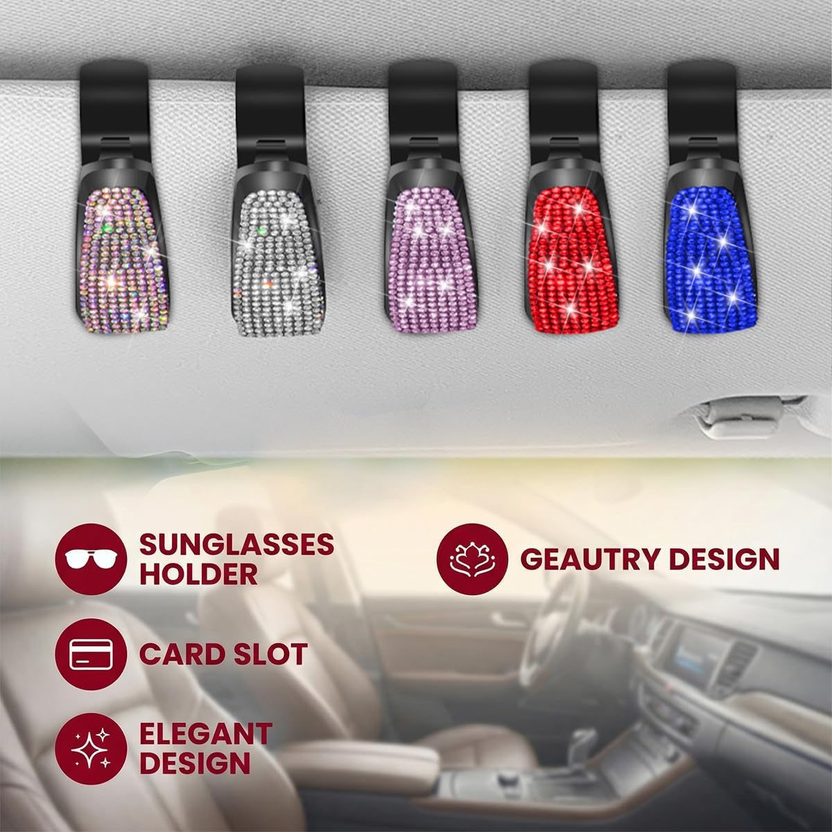 Bling Car Sun Visor Glasses Holders, 2PCS Crystal Rhinestones Vehicle Sunglass Hanger Mount, Automotive Interior Eyeglasses Ticket Card Decoration Clip, Universal for SUV RV Lorry (Green) image 5