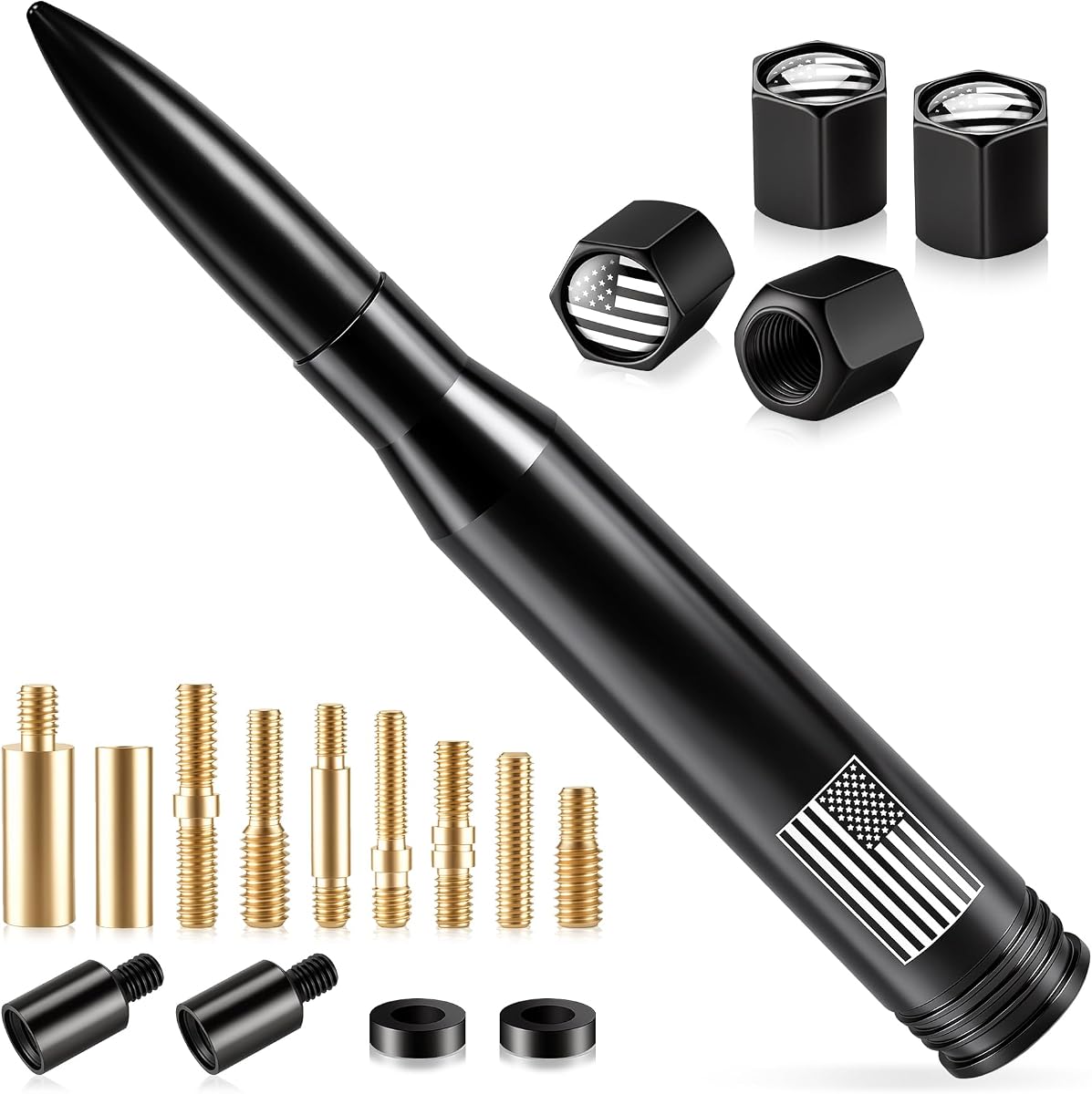 BJSIA American Flag Car Truck Antenna with Valve Stem Caps - Universal Compatible with Ford, Dodge, Chevrolet, GMC, Jeep, Toyota Truck Car Accessories, Anti-Theft Antenna Topper - Black