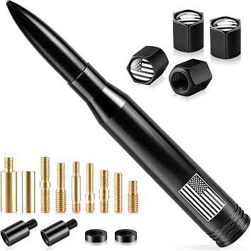BJSIA American Flag Car Antenna for Truck with Valve Stem Caps - Universal Compatible with Ford, Dodge, Chevrolet, GMC, Jeep, Toyota Truck Car Accessories, Heavy Duty Pickup Trucks Accessories - Black