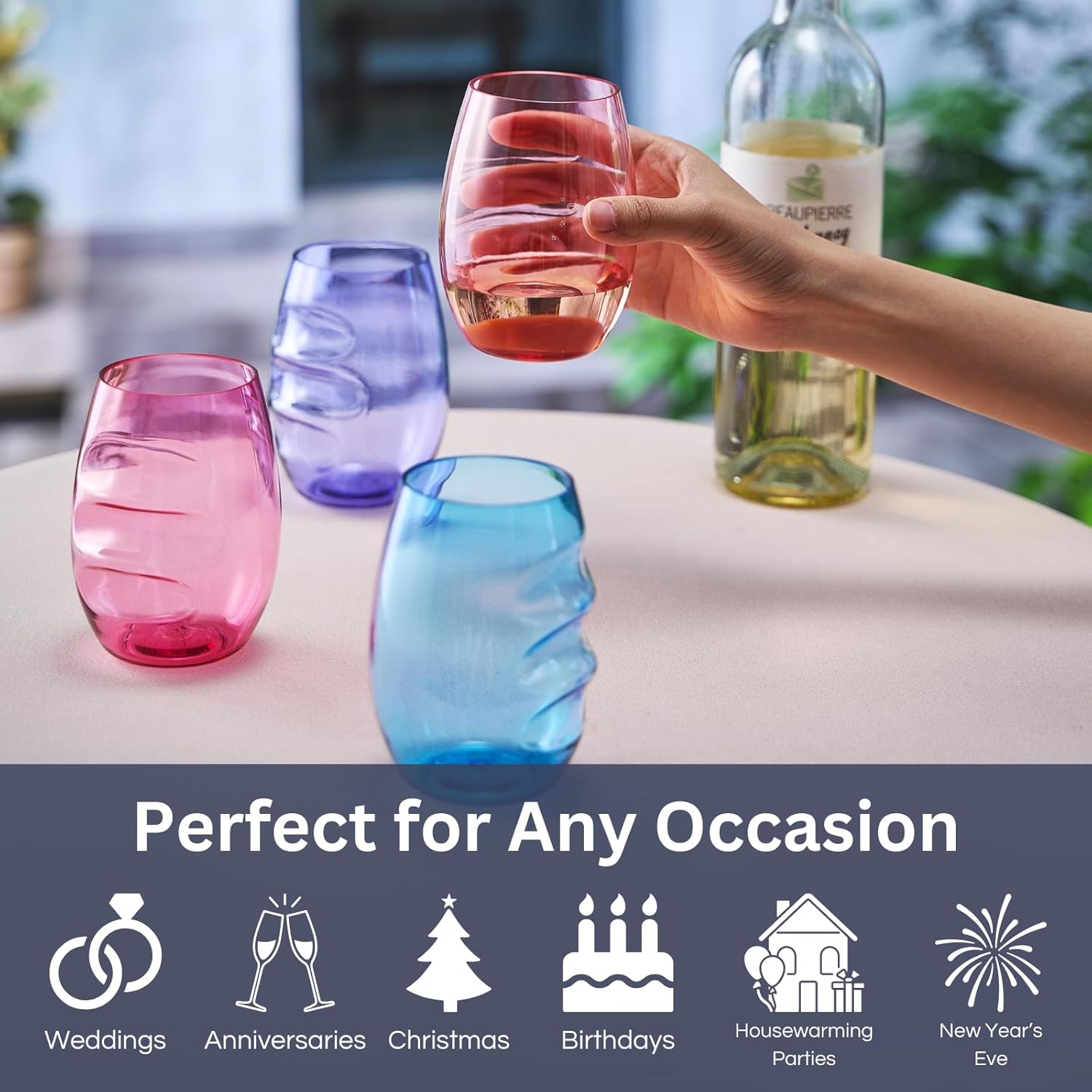 Unbreakable European Plastic Crystal, Stemless Wine Glasses | Set of 4, 13.5 OZ | Acrylic Tritan Set with 3-Finger Indentations - Pastel Colored Tumbler Set, BPA Free, Reusable, Naturally Aerates Wine - Image 3