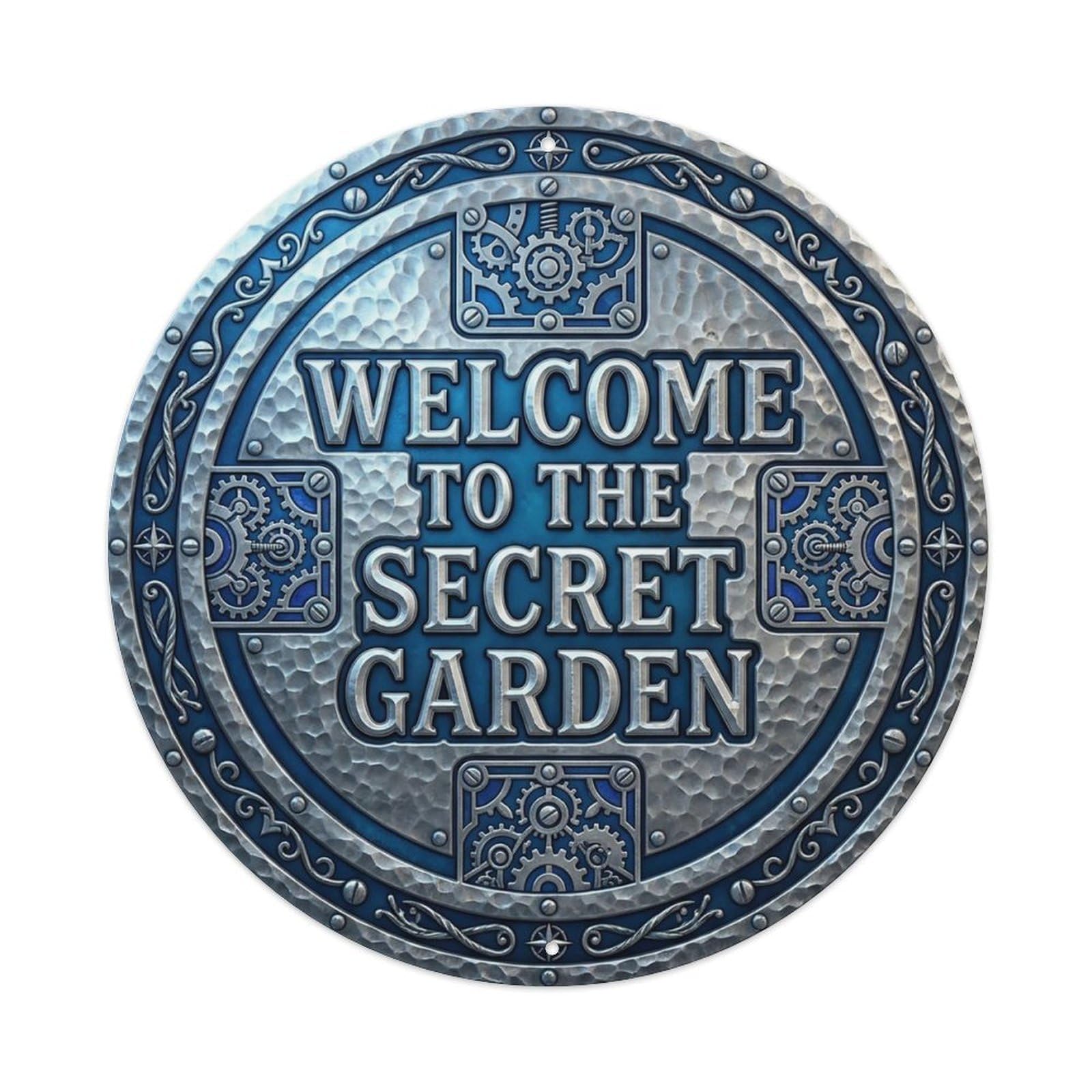Vintage Welcome Secret Garden Pewter Sapphire Hammered Metal Tin Sign
