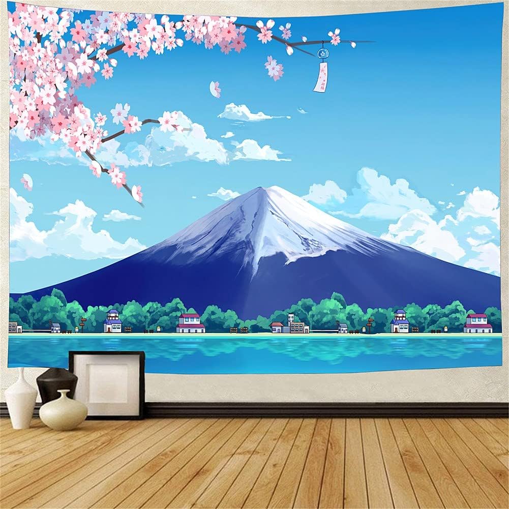 ジャション 富士山 桜の花 青い空 風景 アニメシーン 壁掛けタペストリー 壁飾り 家 リビングルーム ベッドルーム 部屋 おしゃれ飾り 150ｘ130ｃｍ 円高還元