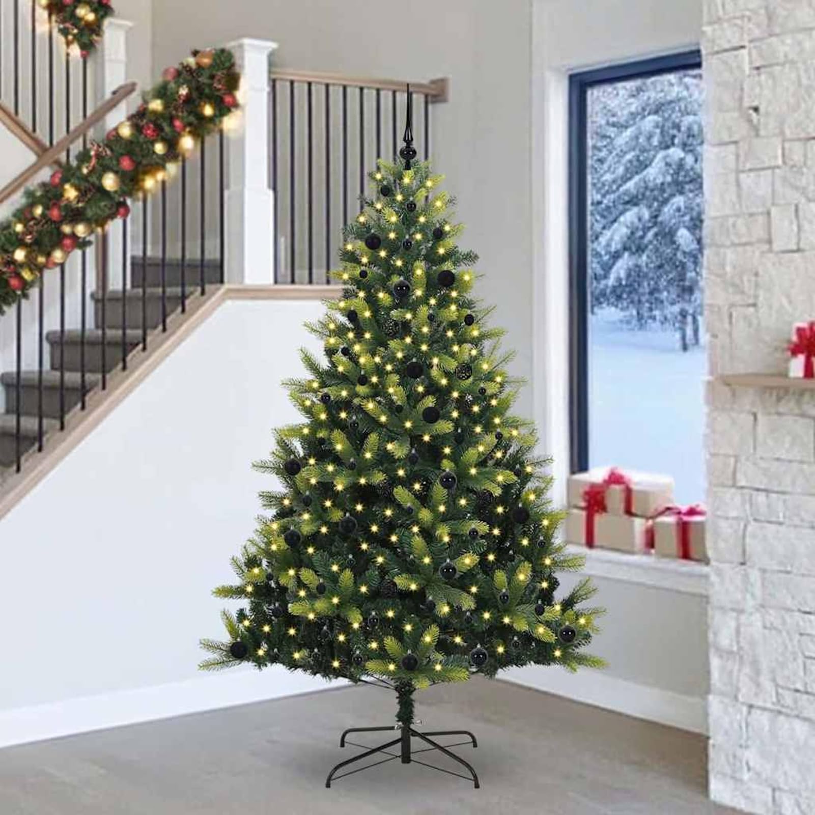 Gecheer Albero di Natale Artificiale a Cerniera con LED, 240 cm, PVC e PE, Ramo Realistico, Illuminazione Calda, per Soggiorno, Giardino o Terrazza