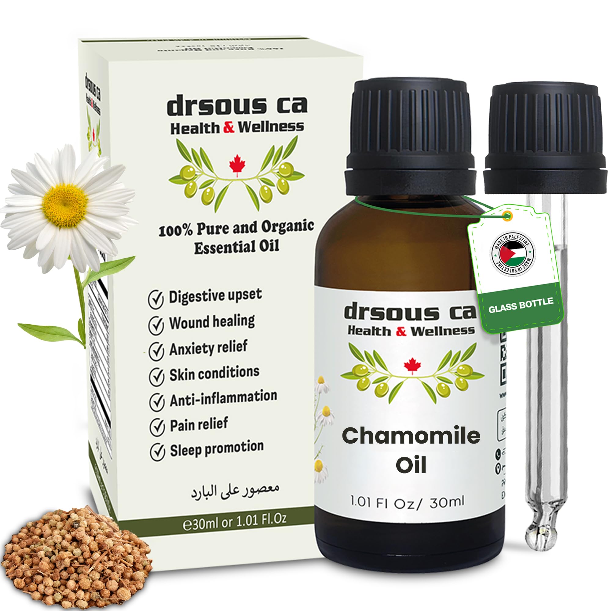 Drsous Ca Chamomile Essential Oil 30ml | 100% Pure Cold Pressed Undiluted Chamomile Vegan Cruelty Free Therapeutic Grade Oil for Diffuser, Aroma, Skin care, Hair care | Made in Palestine