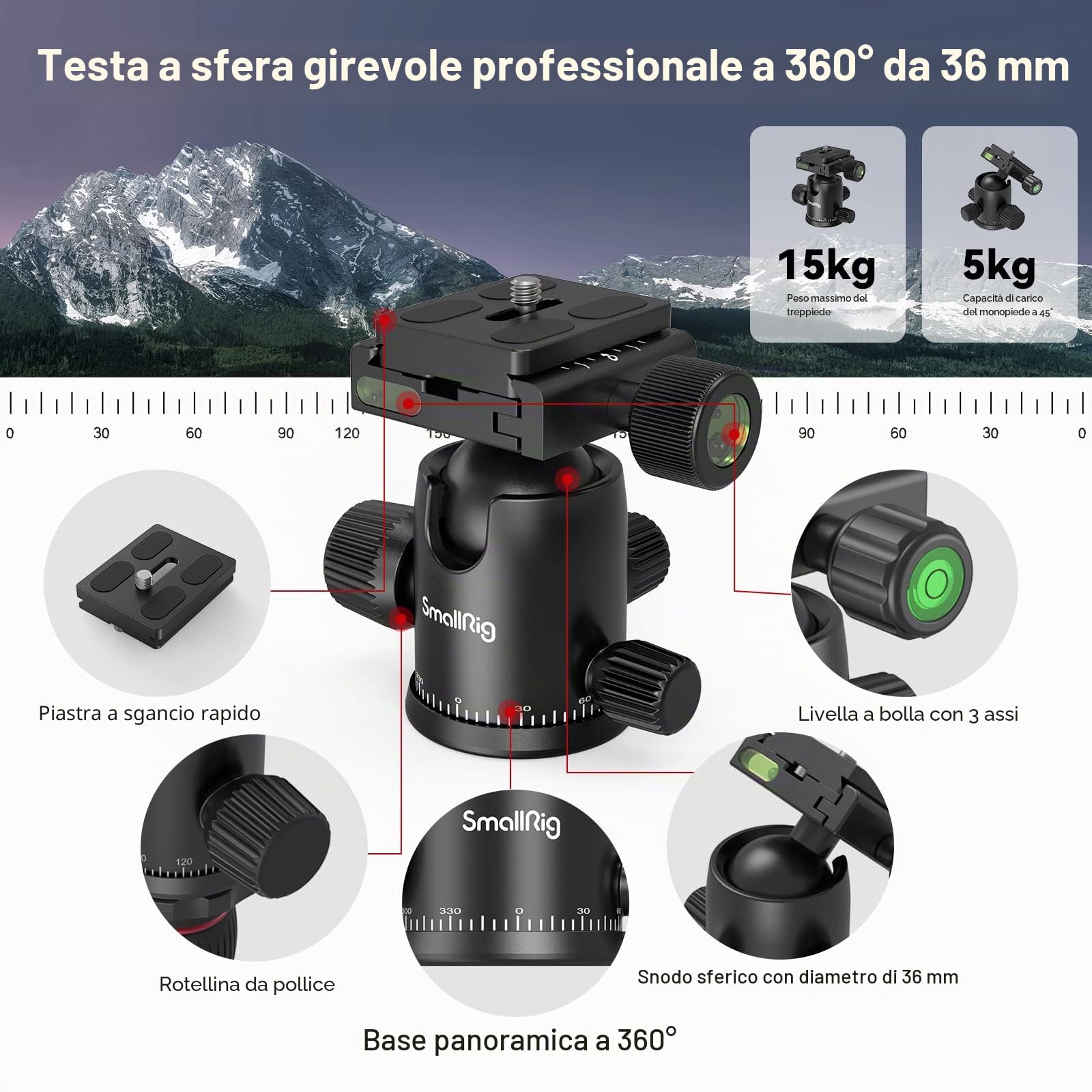 SMALLRIG Treppiede per Fotocamera in Alluminio Leggero da 78" (198 cm), Monopiede Pieghevole per DSLR da Viaggio, Carico Utile Massimo 15 kg (33 Libbre), Altezza da 18,5" a 78" - 3474C
